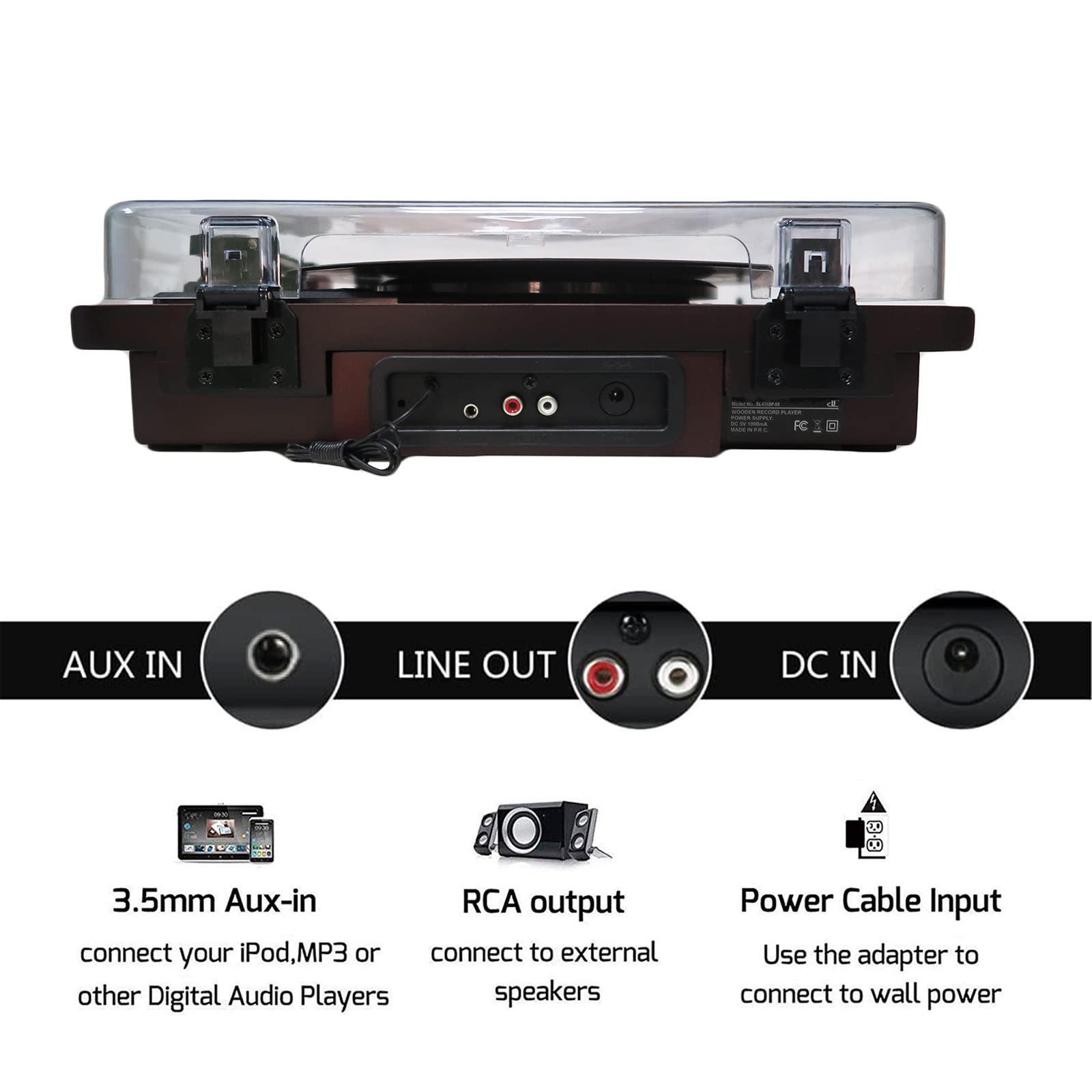 DLITIME Portable Record Player with Bluetooth Output/Input, USB/SD Play and Recording, FM Radio, 3-Speed Vintage Turntable with Speakers, AUX in, RCA Line Out, Earphone Jack, Dust Cover