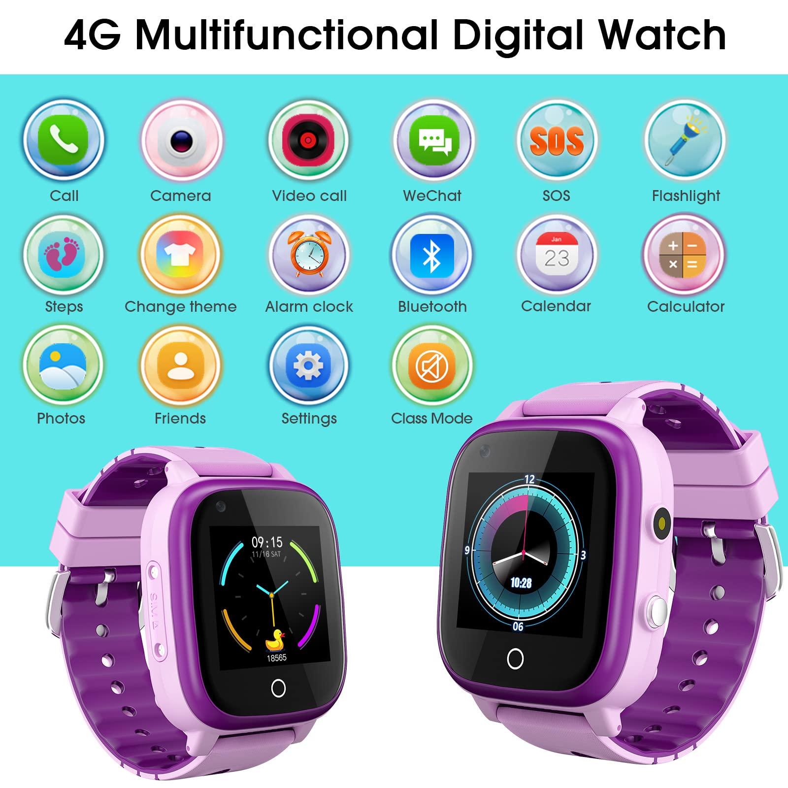 cjc 4G Kids Smart Watch with GPS Tracker and Calling, IP67 Waterproof, 2-Way Calls, GPS Tracker, SOS Kids Cell Phone Wrist Watch for Age 3-14 Girls Boys Girls Christmas BirthdayBirthday Gifts (purple)