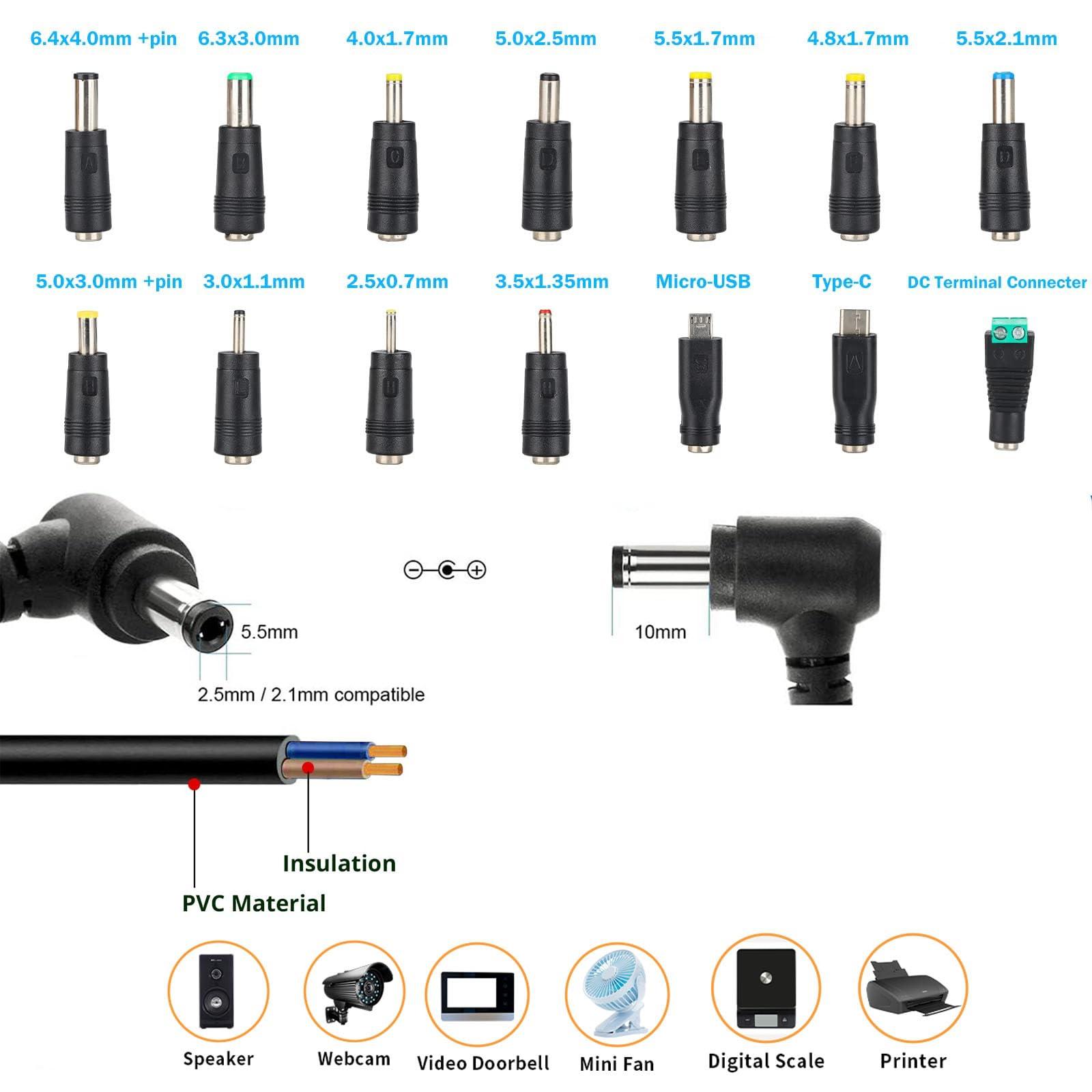 JSungHui 24V 5A 120W Universal Power Supply Adjustable DC 3V ~ 24V Variable Switching AC/DC Adapter 100V-240V AC to DC 24V 5A 120W Converter with 14 Tips & Polarity Converter - 5A Max