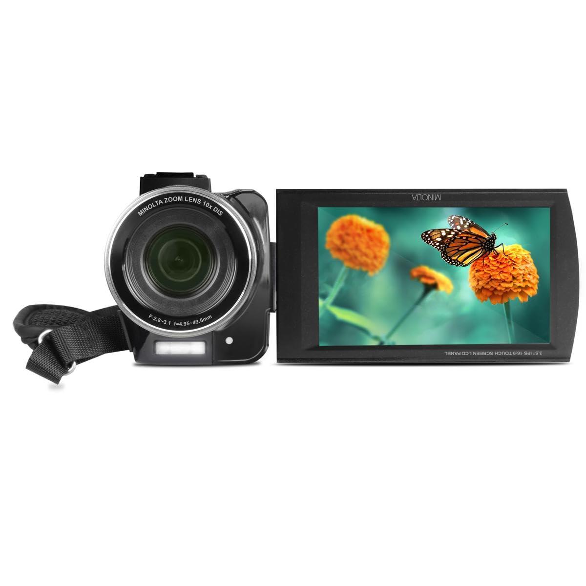 Minolta Minolta 4K Ultra HD Camcorder with 3.5-inch Touchscreen 10x Optical Zoom, 28MP Photos, Digital Stabilizer, Accessory Shoe Mount, Time Lapse, Face Detection, 32GB Card, Remote Control (Black)