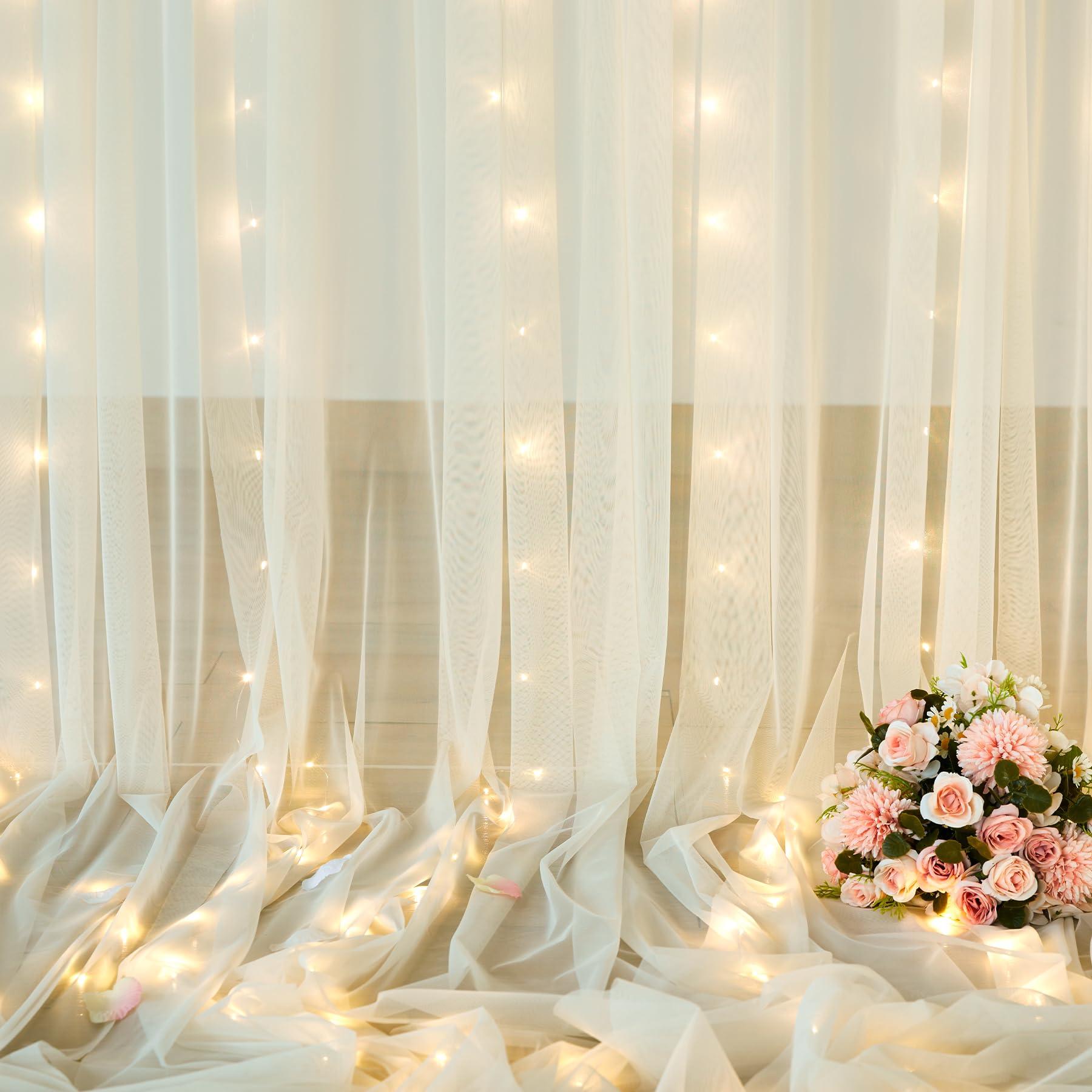 Suppromo Ivory Tulle Backdrop Curtains with Lights String for Parites Wedding 1010ft Sheer Backdrop Curtains for Baby Shower Birthday Party Photo Shoot Background Decorations