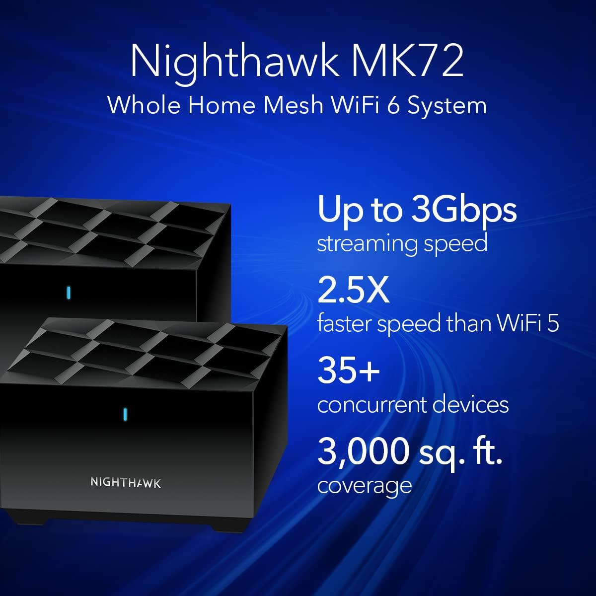 NETGEAR NETGEAR Nighthawk Advanced Whole Home Mesh Dual Band WiFi 6 System (MK72) AX3000 Router with 1 Satellite Extender, Coverage up to 3,000 sq. ft. and 35+ Devices