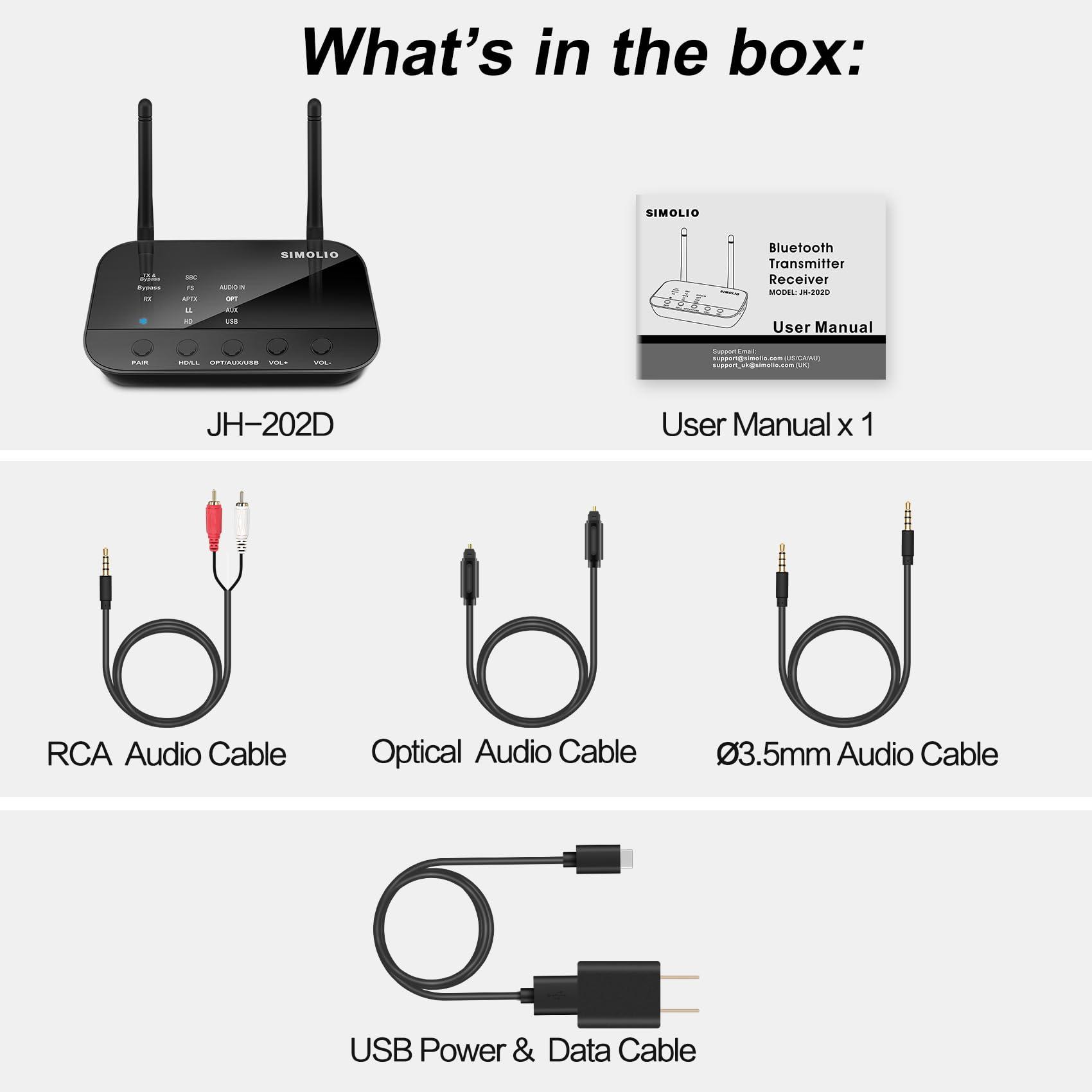 SIMOLIO SIMOLIO Bluetooth Transmitter Receiver for TV Home Stereo, aptX Low Latency & HD Long Range Bluetooth Audio Adapter for 2 Wireless Headphones, Bypass to Soundbar, Optical RCA AUX 3.5mm Inputs/Outputs