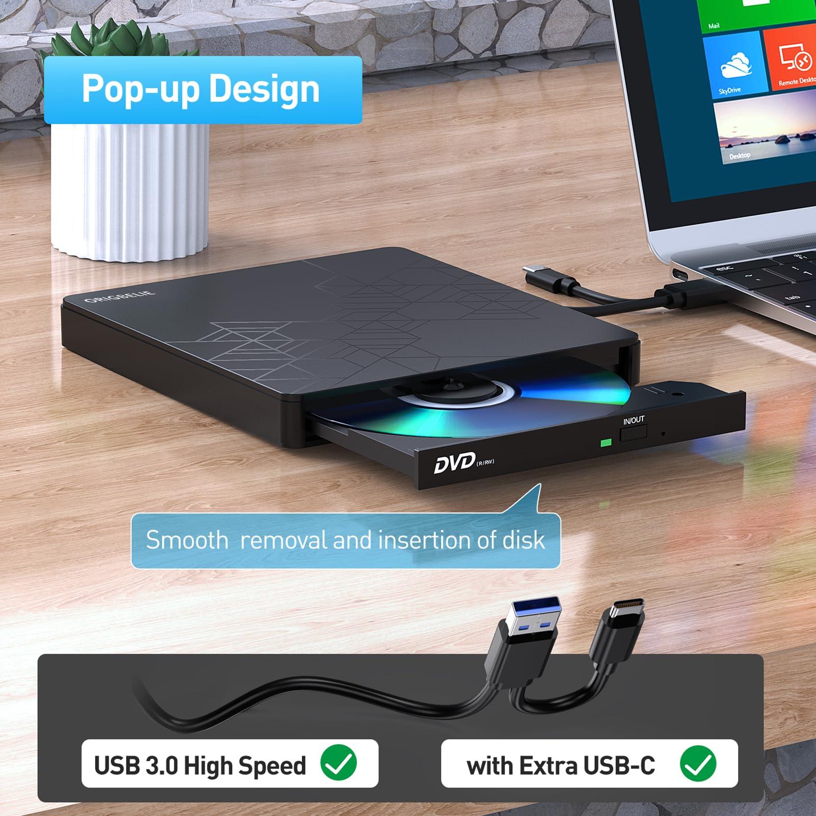 ORIGBELIE ORIGBELIE External DVD Drive, CD Drive USB 3.0 Typle C CD/DVD ROM +/-RW Adapter with USB Port DVD Burner for Laptop PC Desktop Computer, Optical Disk Drive CD Player Compatible with Mac Windows Linux