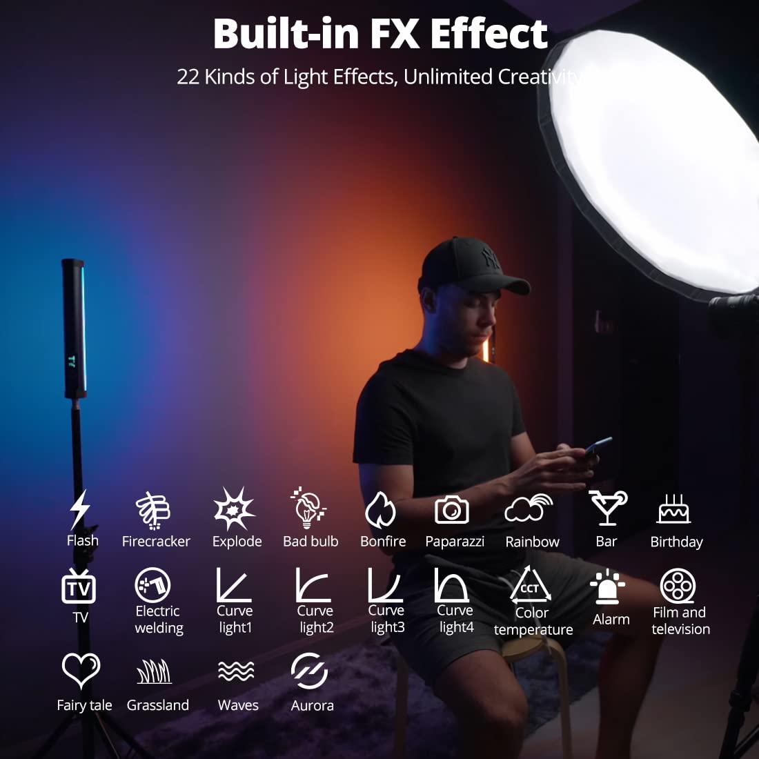 AMBITFUL AMBITFUL A2 Full-Color RGB Tube Light, CRI 95 TLCI 97 Accurate Color,2500k-8500K Adjustable,RGB CCT HSI Mode, 29 Fx Light Effect,APP Control Support, Brightness Adjustable(A2+SA-25 Grid Softbox)