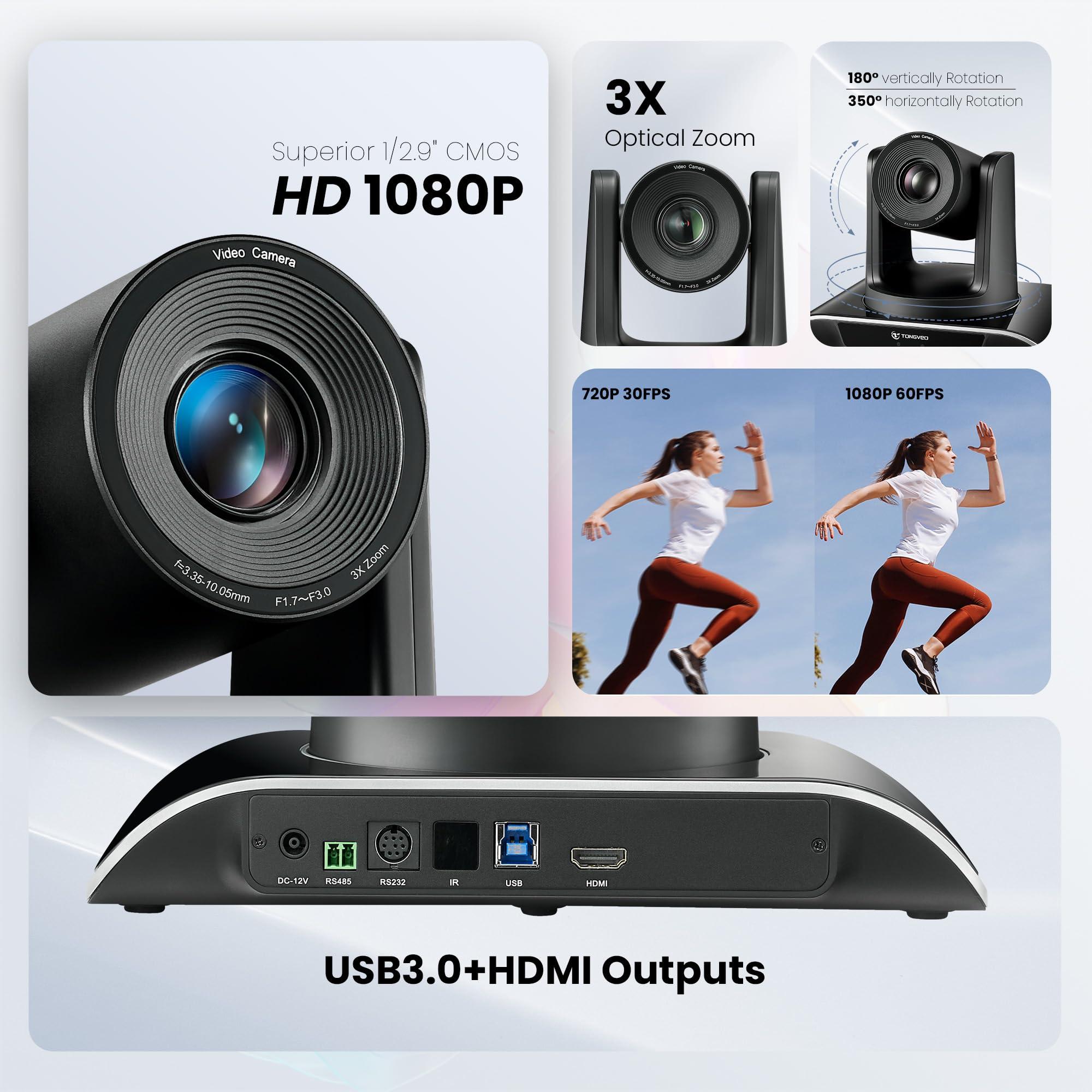 TONGVEO TONGVEO All-in-One Conference Room Video Camera System Bundle HD 1080P 60fps 3X Optical Zoom USB3.0 HDMI PTZ Camera and Bluetooth Conference Speakerphone with Microphones