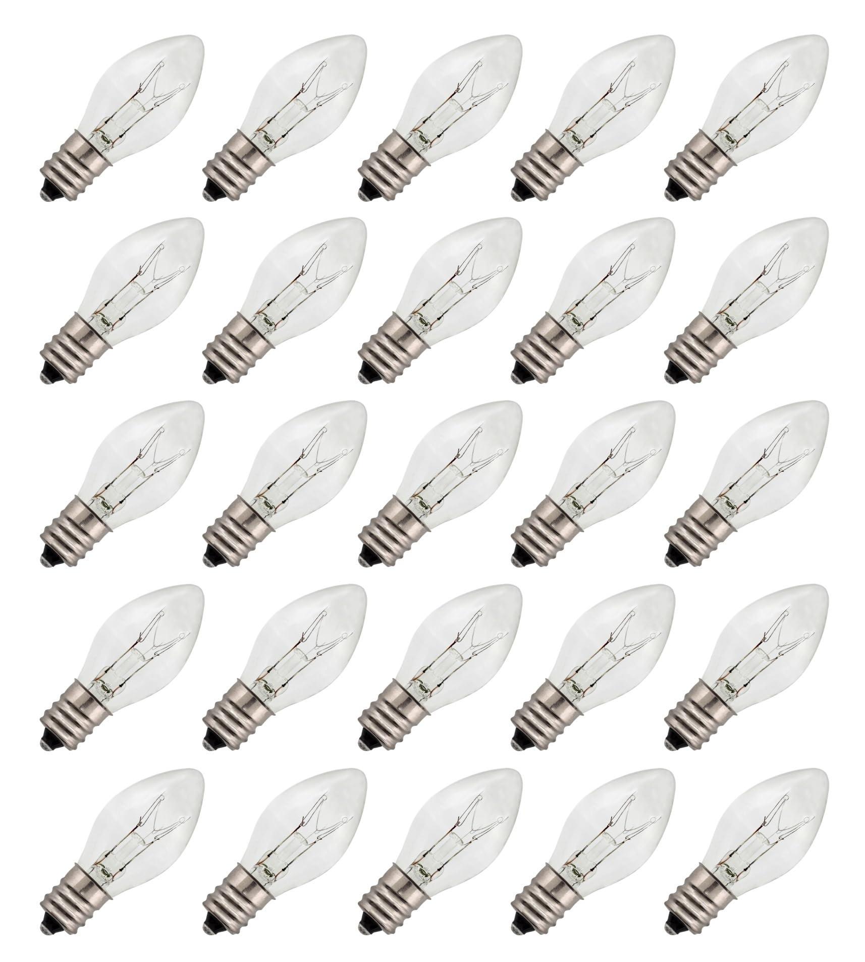 Creative Hobbies Creative Hobbies 25 Pack of 4W Night Light Bulbs, Incandescent C7, Clear, Steady Burning, 4 Watt, Candelabra Base E12 (Chandelier Size Base)