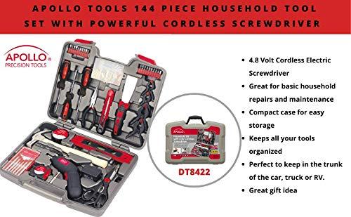 Apollo Tools Apollo Tools 144 Piece Household Tool Set with Convenient Cordless Screwdriver and Most Used Tools in Sturdy Carrying Case for Home Repairs, DIY and Crafts - Red - DT8422