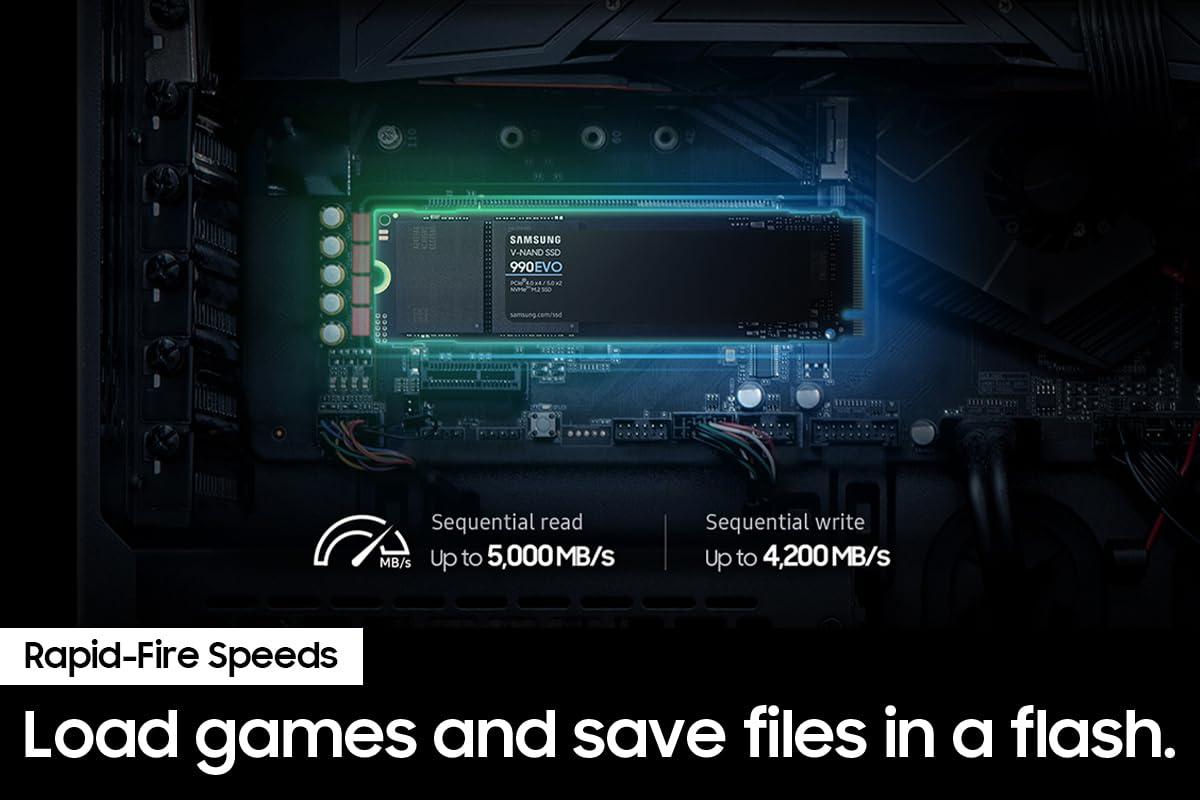 SAMSUNG SAMSUNG 990 EVO SSD 2TB, PCIe Gen 4x4, Gen 5x2 M.2 2280 NVMe Internal Solid State Drive, Speeds Up to 5,000MB/s, Upgrade Storage for PC Computer, Laptop, MZ-V9E2T0B/AM, Black