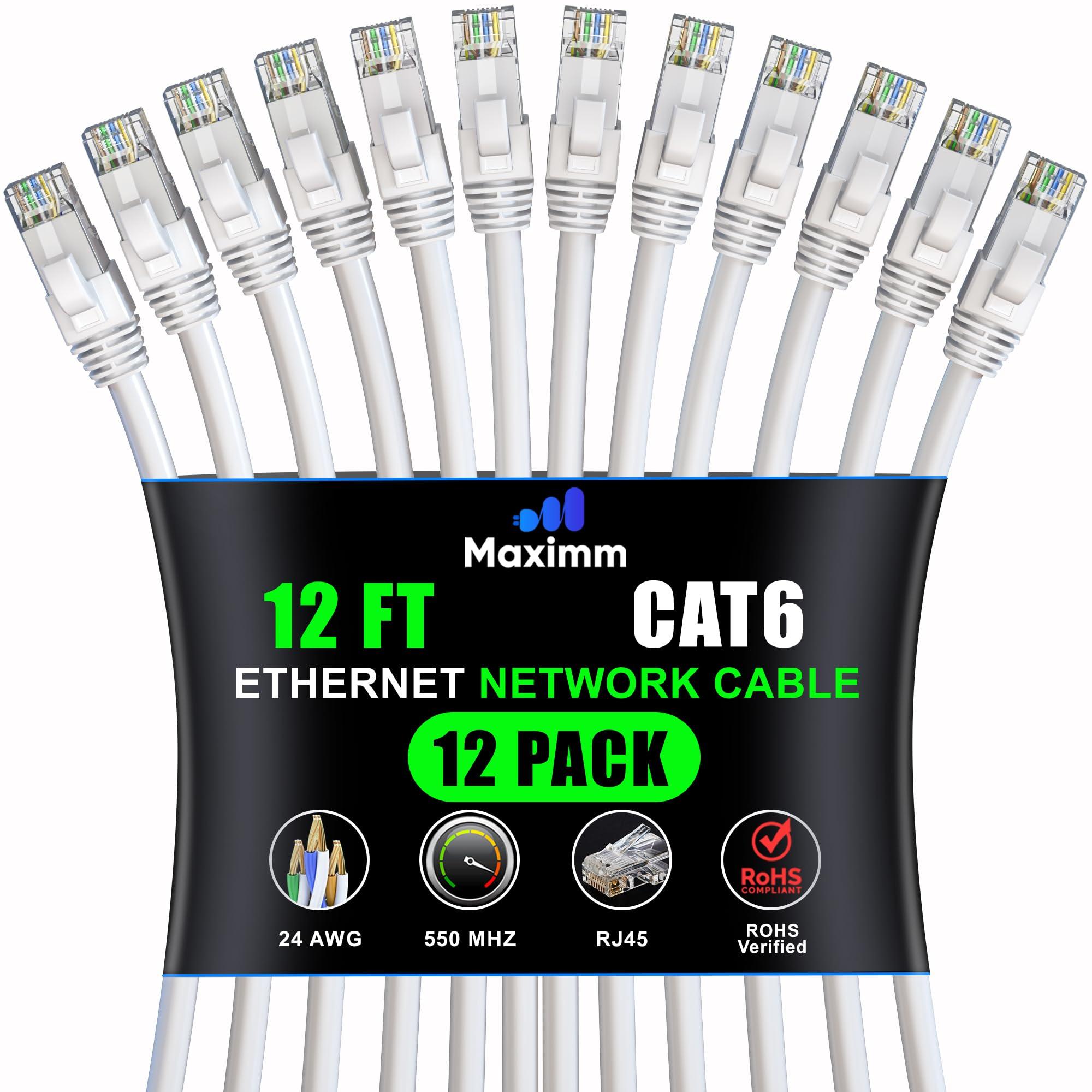 Maximm Maximm Cat 6 Ethernet Cable 12 ft 12 Pack - High-Speed LAN Cable, Internet Cable, Patch Cable, and Network Cable - UTP, 10Gbps, 550MHz Ethernet Cord - White