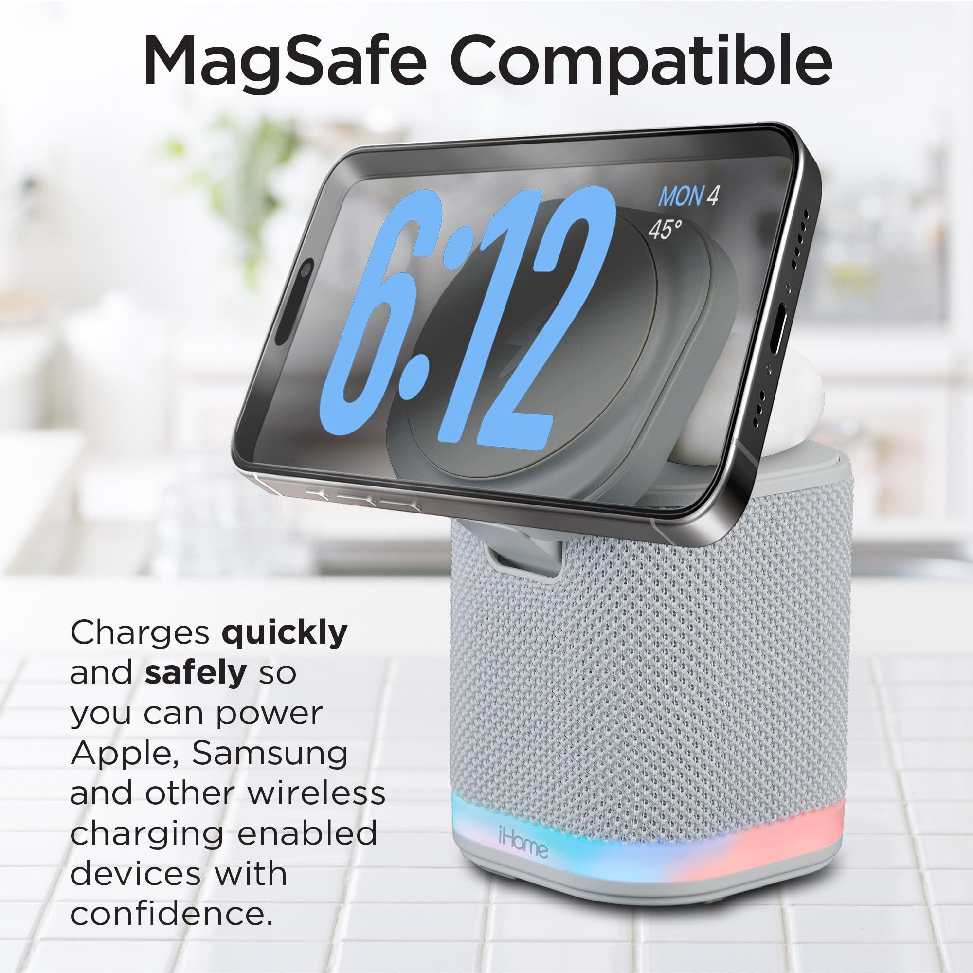 iHome iHome Bluetooth Speaker with Wireless Charger, Charging Station with Color Changing Night Light - Gray (iPBT50G)