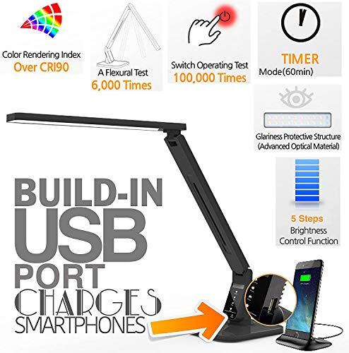 Lampat LAMPAT Dimmable LED Desk Lamp, 4 Lighting Modes (Reading/Studying/Relaxation/Bedtime), 5-Level Dimmer, Touch-Sensitive Control Panel, 1-Hour Auto Timer, 5V/1A USB Charging Port, Piano Black