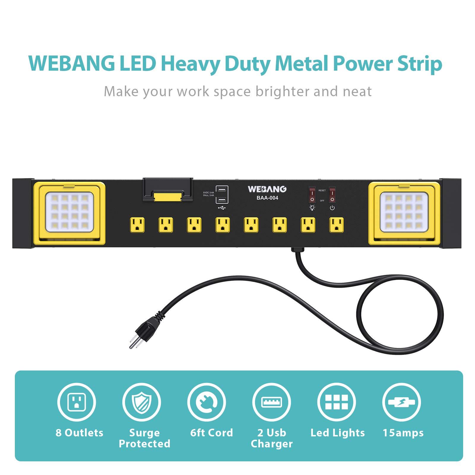 WEBANG WEBANG Heavy Duty Metal Power Strip Surge Protector with 8 Outlets,2 USB Ports, Led Worklight, 15A Circuit Breaker, Wall Mount, UL Listed for Workshop/Garage/Countertop