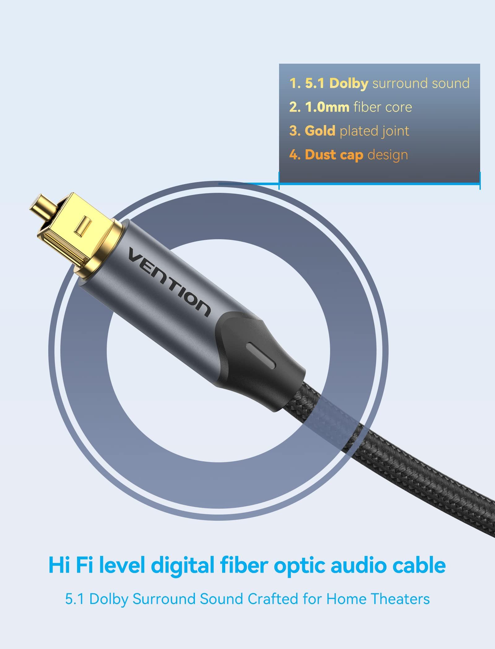 VENTION VENTION Digital Optical Audio Cable Nylon Braided Fiber, Slim Metal Case, Gold Plated Plug, 6.6 ft Toslink Fiber Optic Audio Cable for Sound Bar TV PS4 Samsung Vizio Bose LG