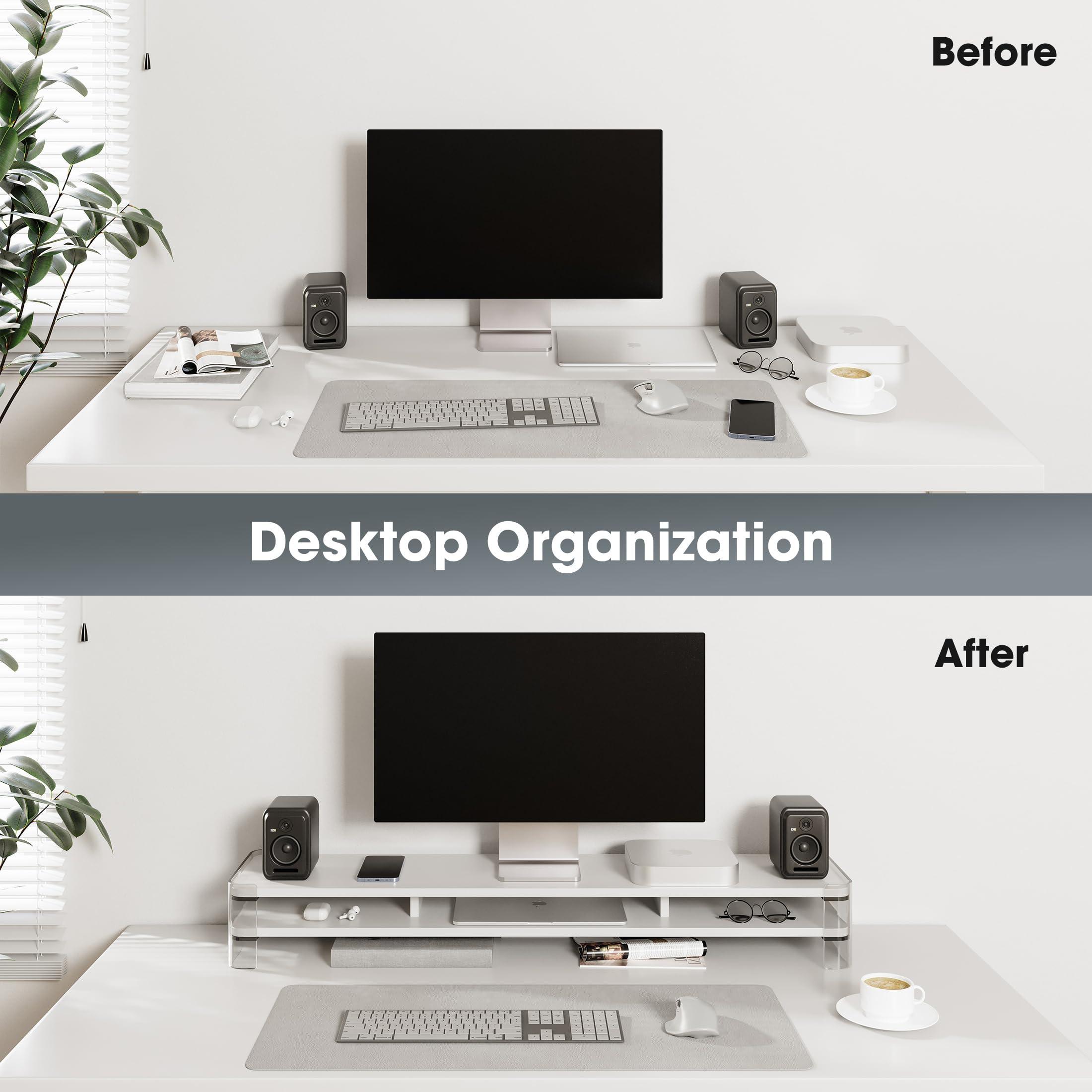 Fenge Fenge Acrylic Monitor Stand Riser, Clear Dual Acrylic Computer Monitor Stand for 2 Monitors, 2 Tier Wood Office Desk Storage Organizer for Laptop, Computer, TV Stand