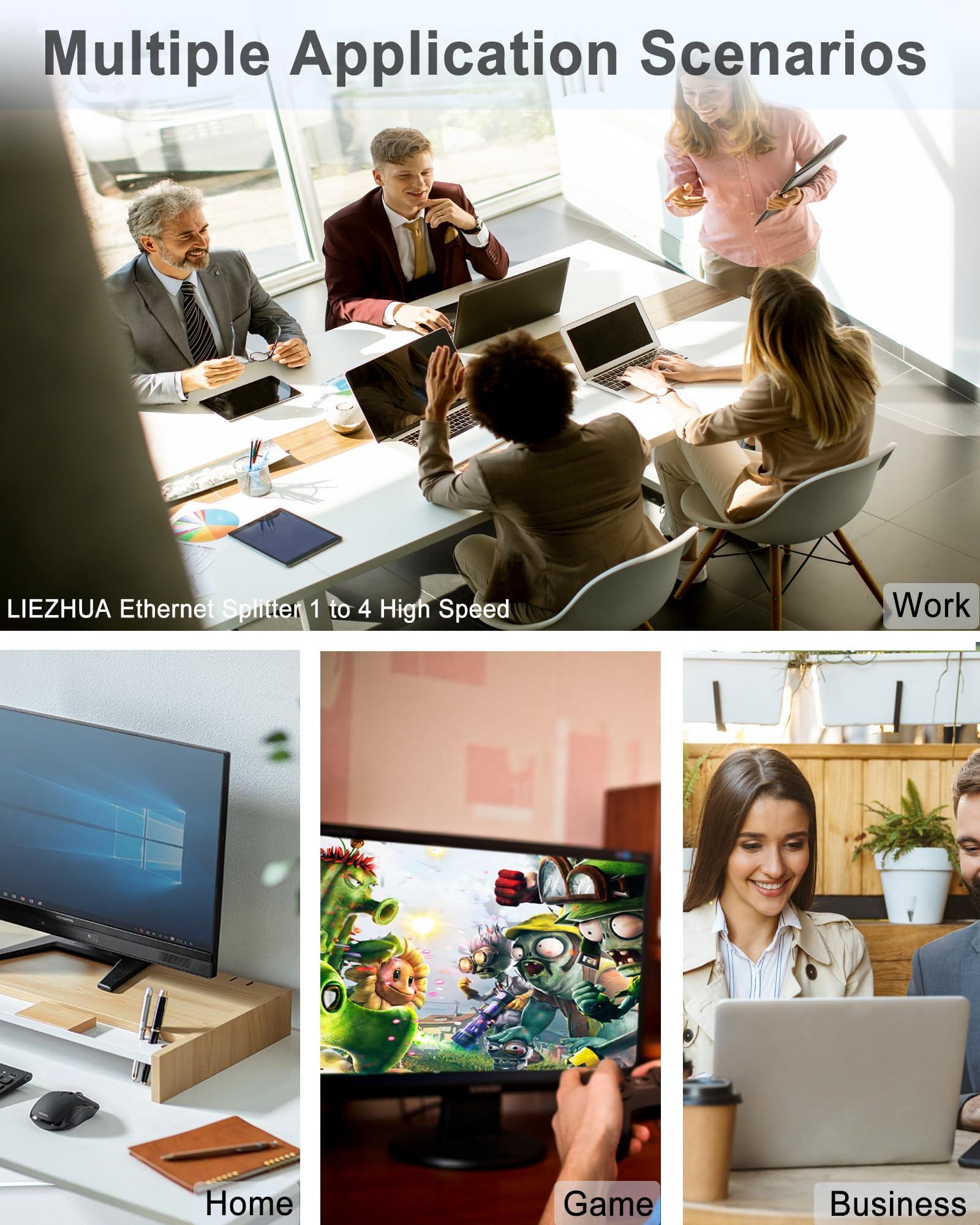 LIEZHUA LIEZHUA Ethernet Splitter 1 to 4 - Network Splitter with USB Power Cable, RJ45 Internet Splitter Adapter 1000Mbps High Speed for Cat 5/5e/6/7/8 Cable [4 Devices Networked Simultaneously]