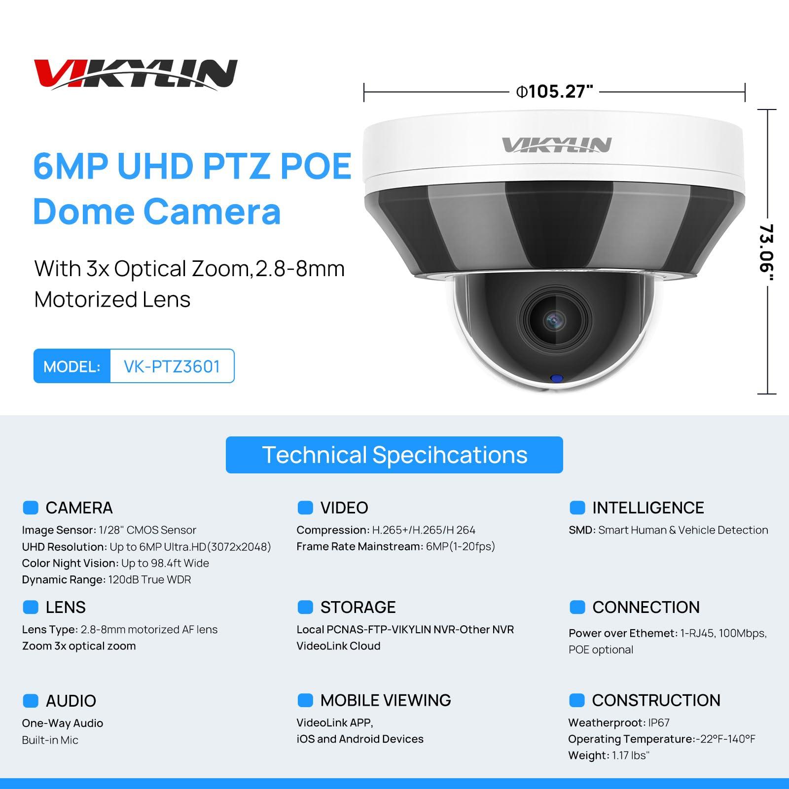 VIKYLIN 6MP IP PoE PTZ Camera Outdoor with Pan/Tilt 3X Optical Zoom,2.8-8mm Motorized Lens,98ft IR Night Vision, Built-in Mic, Human/Vehicle Detection,IP66&IK10, Blue Iris, NDAA Compliant Dome Mini PTZ Camera