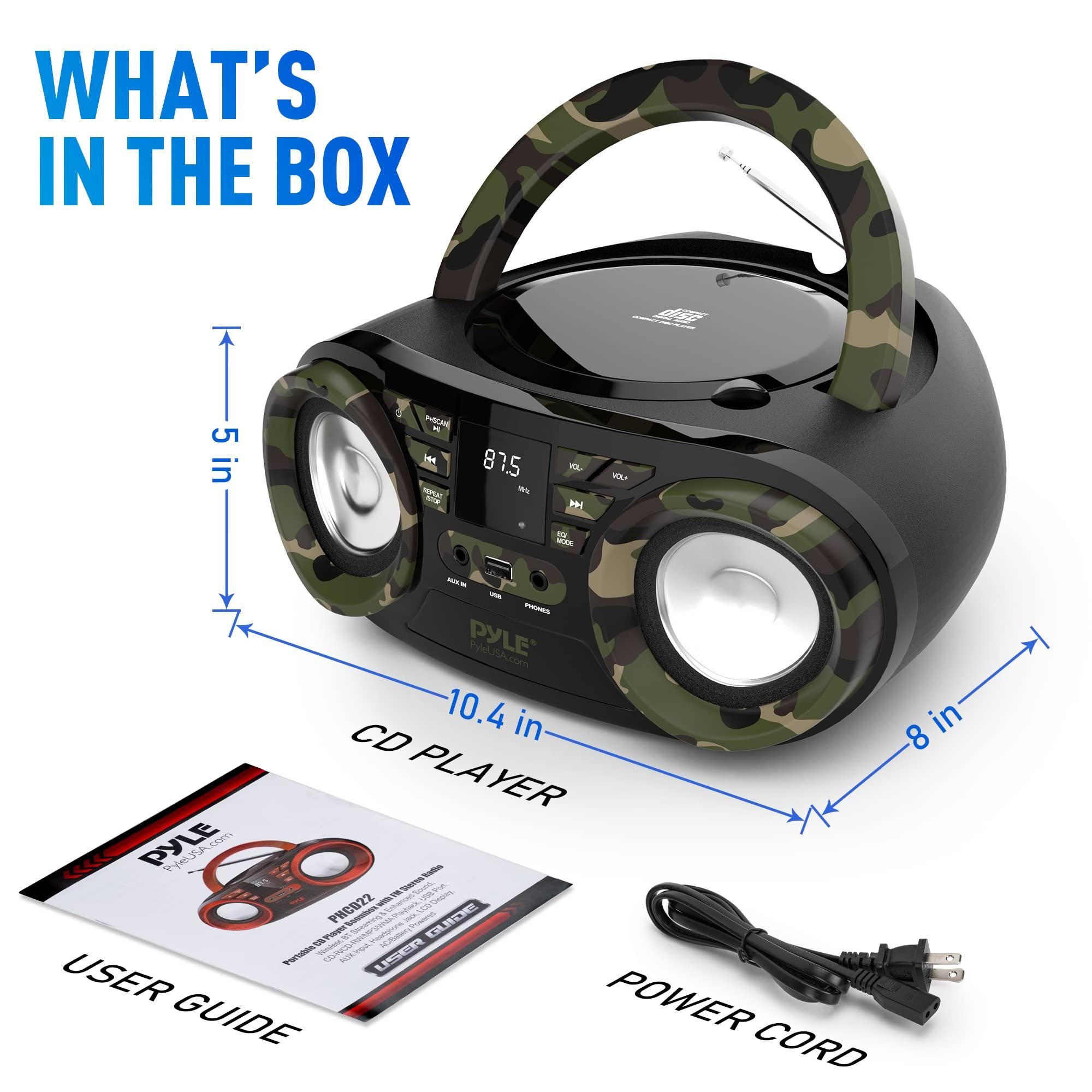 Pyle Pyle Portable CD Player Bluetooth Boombox Speaker - AM/FM Stereo Radio & Audio Sound, Supports CD-R-RW/MP3/WMA, USB, AUX, Headphone, LED Display, AC/Battery Powered, Camouflage - Pyle PHCD55.5