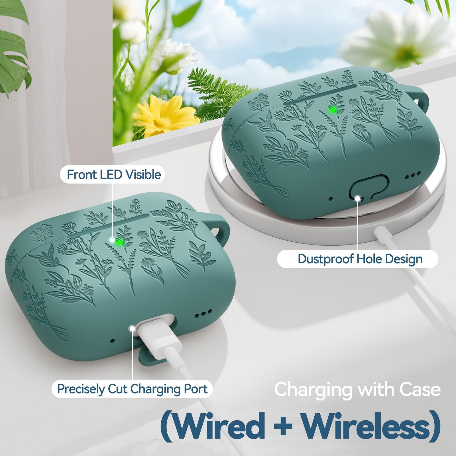 Ekoonpft for AirPods Pro 2 Case, Ekoonpft Silicone AirPod Pro Cases with 3-in-1 Cleaning Kit & Keychain, Flower Engraved Cover for Apple AirPods Pro 2nd/1st Generation, Shockproof & Anti-Scratch