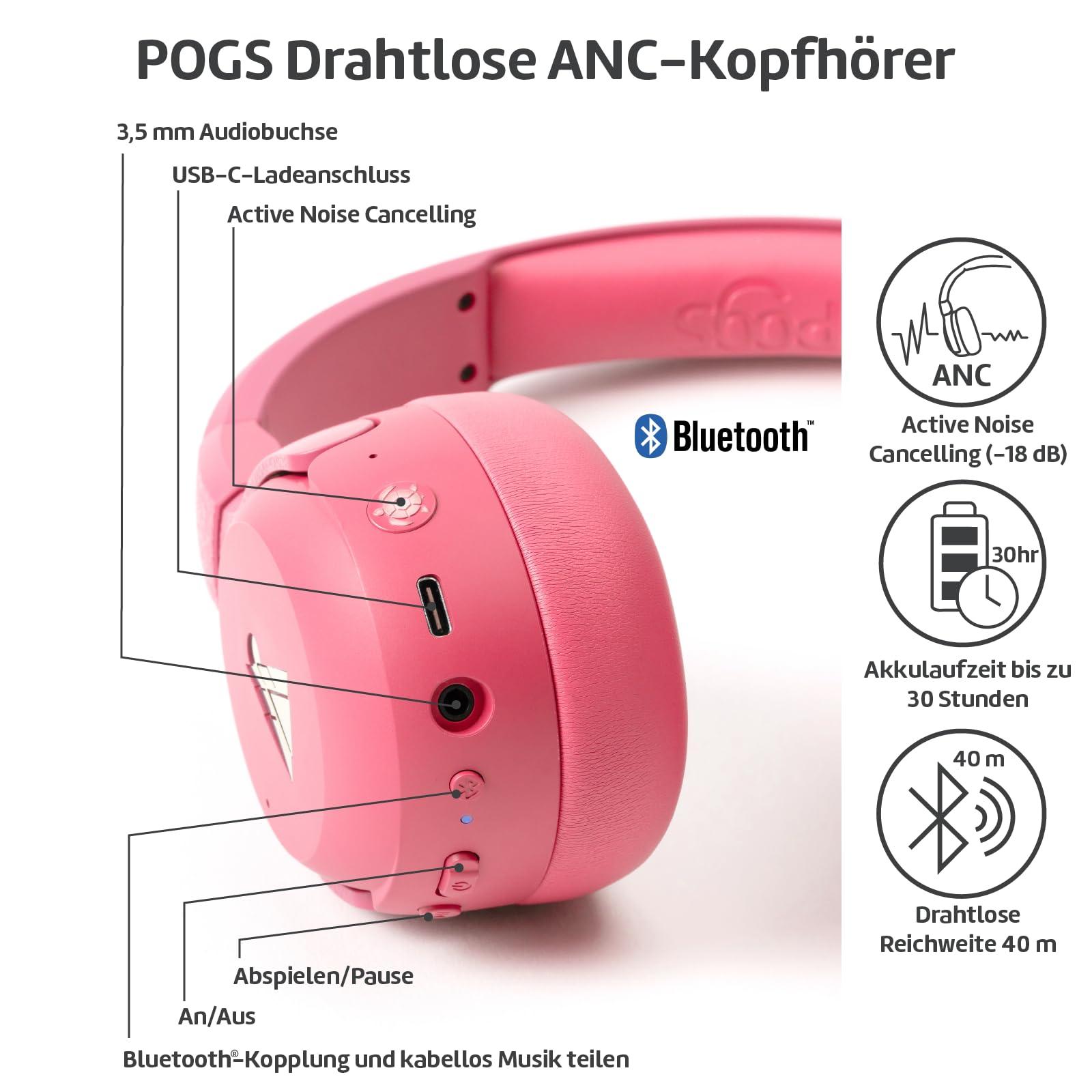 POGS POGS Wireless Over-Ear Noise Cancelling Headphones | The Turtle | Adjustable and Durable Headphones | Volume Limited 85 dB, Microphone | Wireless Music-Sharing Function (rPink)