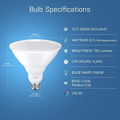 Feit Electric Feit Electric LED PAR38 Bulbs, 75W Equivalent, Non Dimmable, 5000k Daylight, 750 Lumens, 10 Year Lifetime, E26 Base, PAR38 Flood Lights, CRI 90, Damp Rated, 4 Pack, PAR38/950CA10K/MP/4