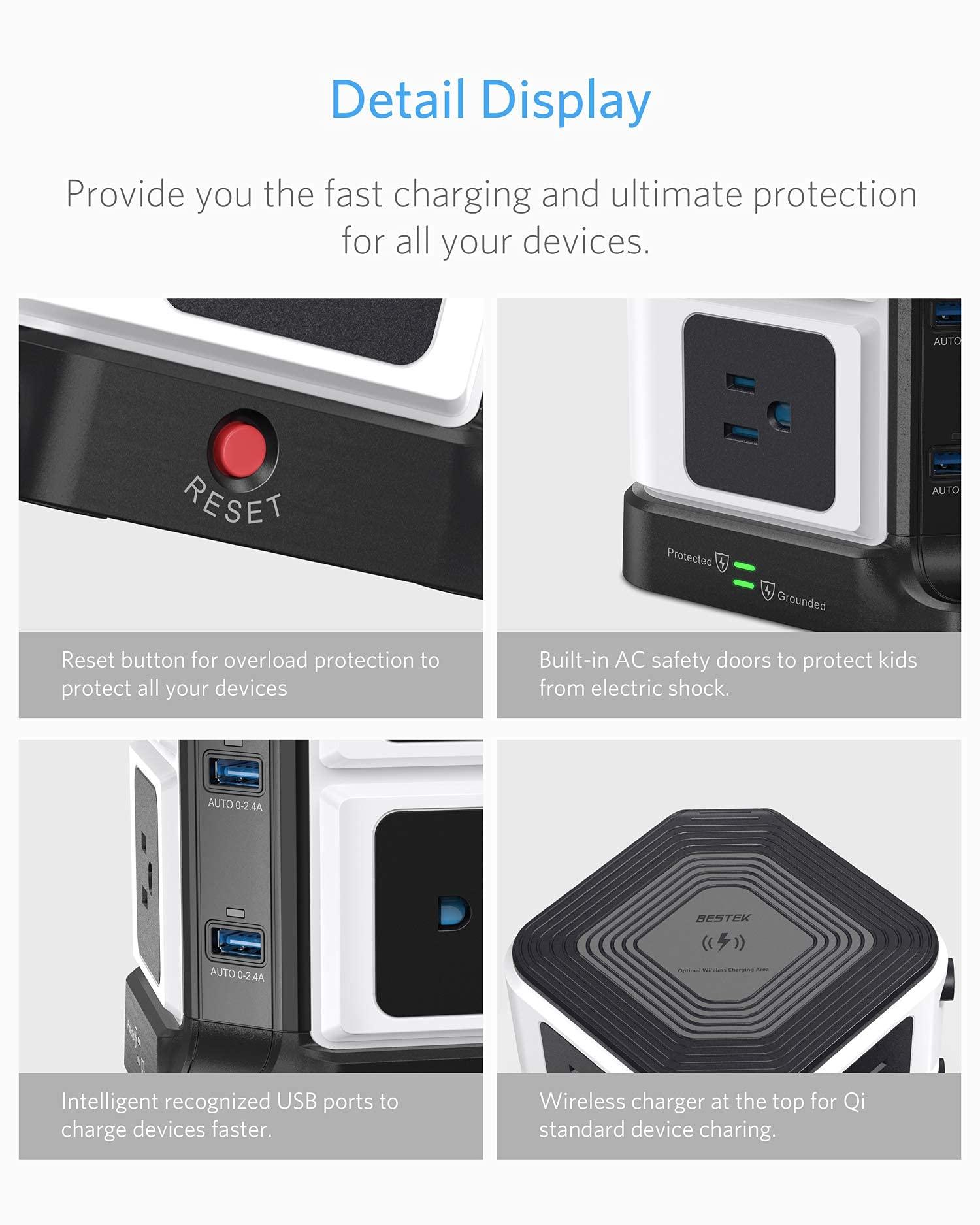 BESTEK USB Power Strip with Wireless Charger BESTEK 8-Outlet Surge Protector and 40W 6-Port USB Charging Dock Station,1500 Joules,ETL Listed,Dorm Room Accessories (8AC+6USB+Wireless Charger-Black)