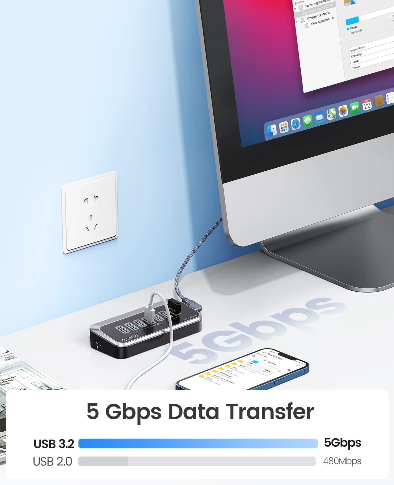 ORICO ORICO USB 3.0 Hub [5Gbps], 7 Port USB Hub with 3.28Ft USB-C Cable and USB-A Adapter, USB 3.2 Gen1 Splitter for iMac, All MacBooks, Mac Mini