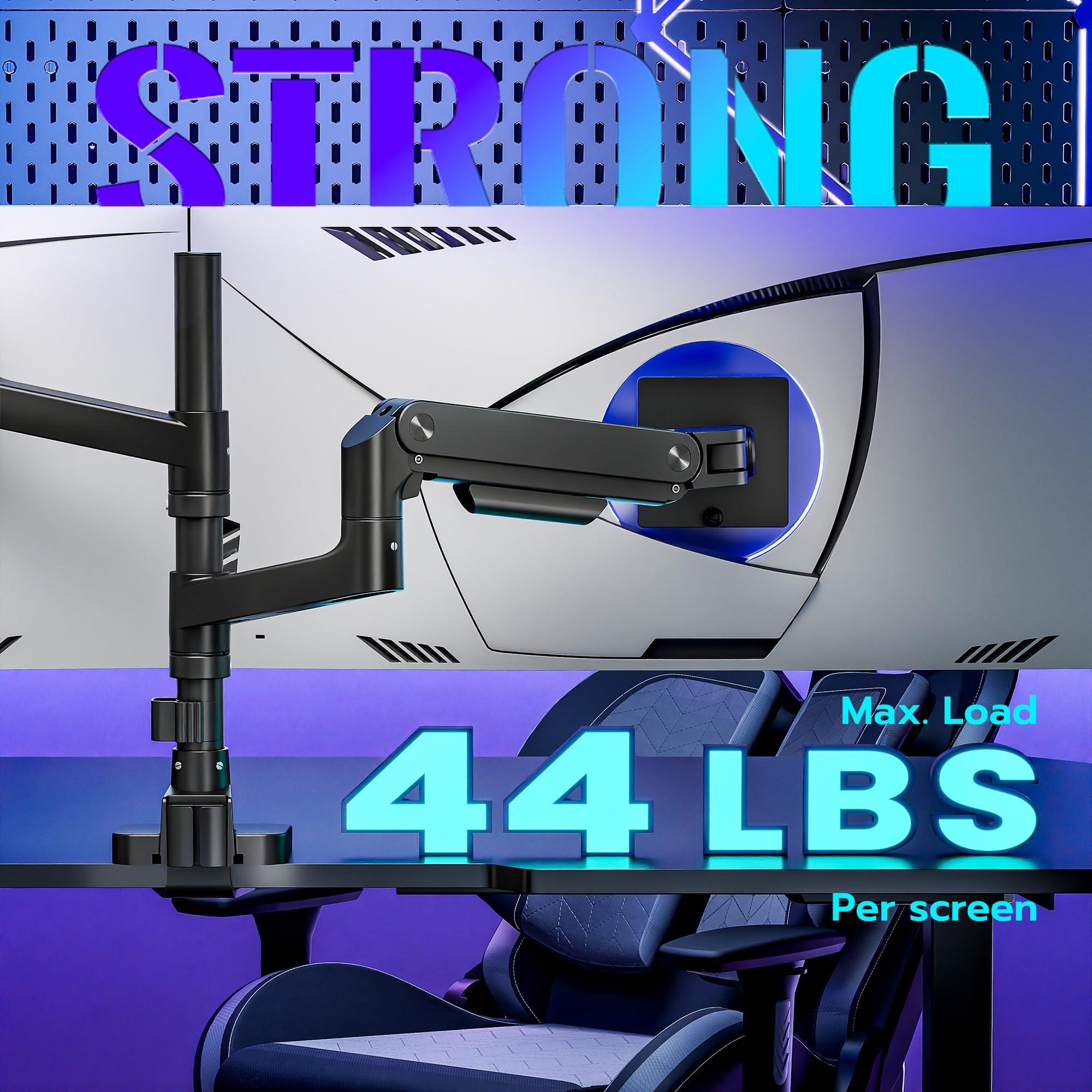 ARES WING ARES WING Dual Monitor Arm Desk Mount for 17-49 Inch Ultrawide Monitors, Heavy Duty Dual Monitor Mount Holds 44 lbs, Full Motion Gas Spring Vertical Stacked Monitor Mount, 75/100 VESA Mount, Black