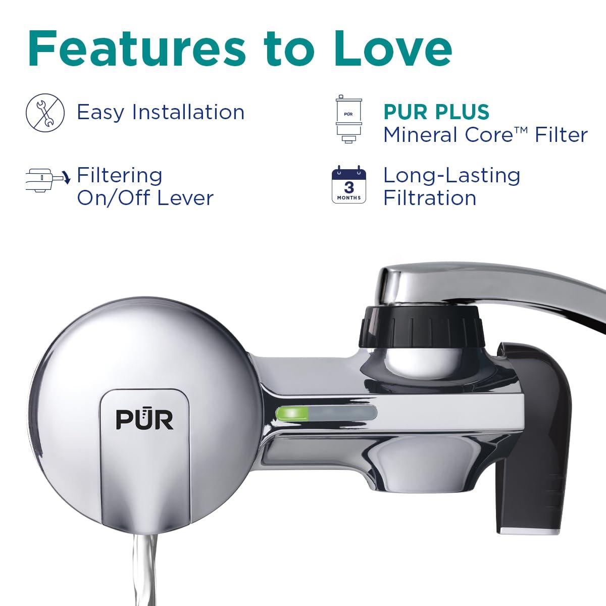 PUR PUR PLUS Horizontal Faucet Mount Water Filtration System with 3-in-1 Lead Reducing Filter for Great-Tasting Filtered Tap Water, Lasts 100 Gallons, Fits Most Kitchen or Bathroom Faucets, Chrome