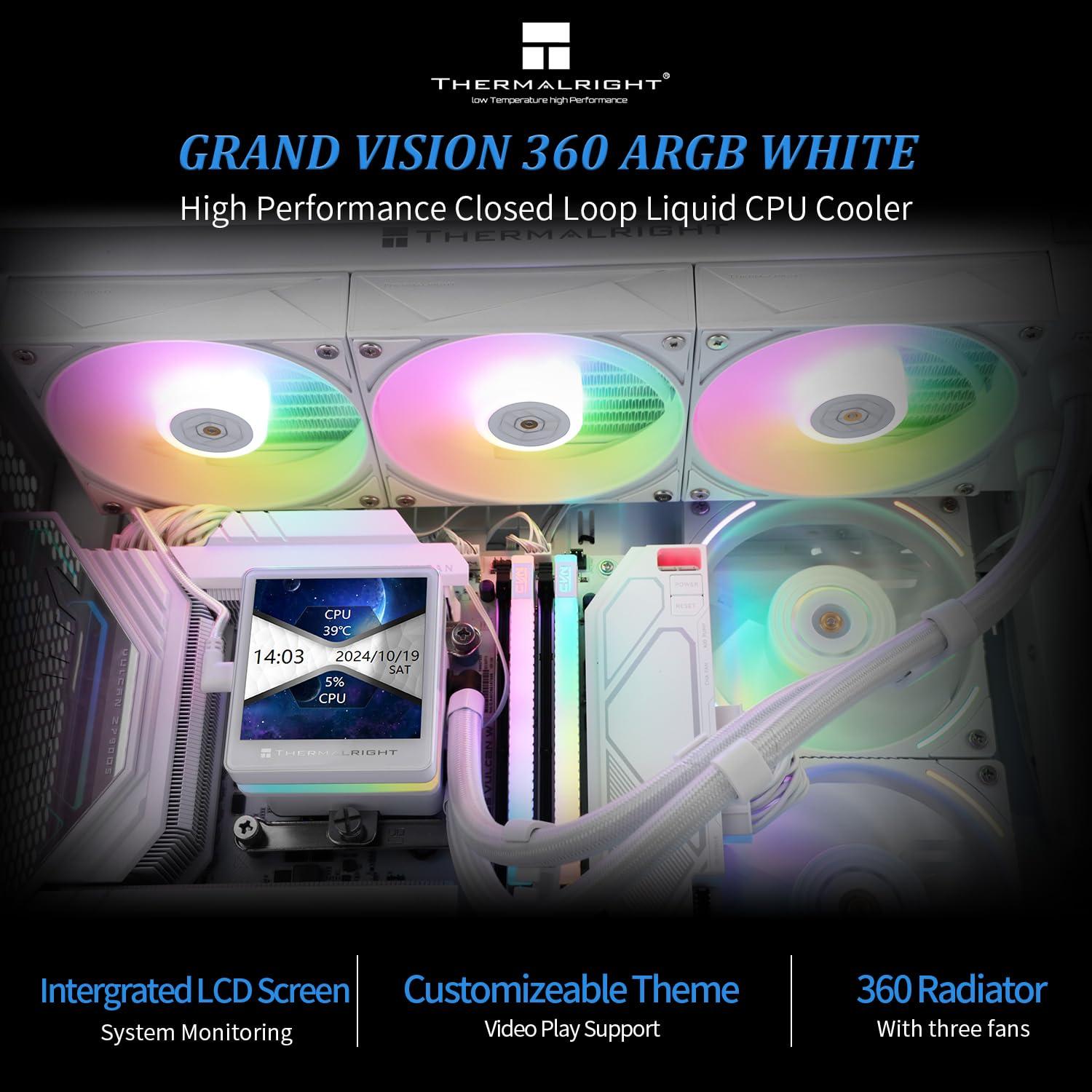 Thermalright Thermalright Grand Vision 360 ARGB White CPU AIO Cooler,PC 360 Specification Water Cooler System,IPS LCD Screen with 480x480 Resolution and 3.4inch,for AM4/AM5&Intel LGA1700/1851,High Performance Pump