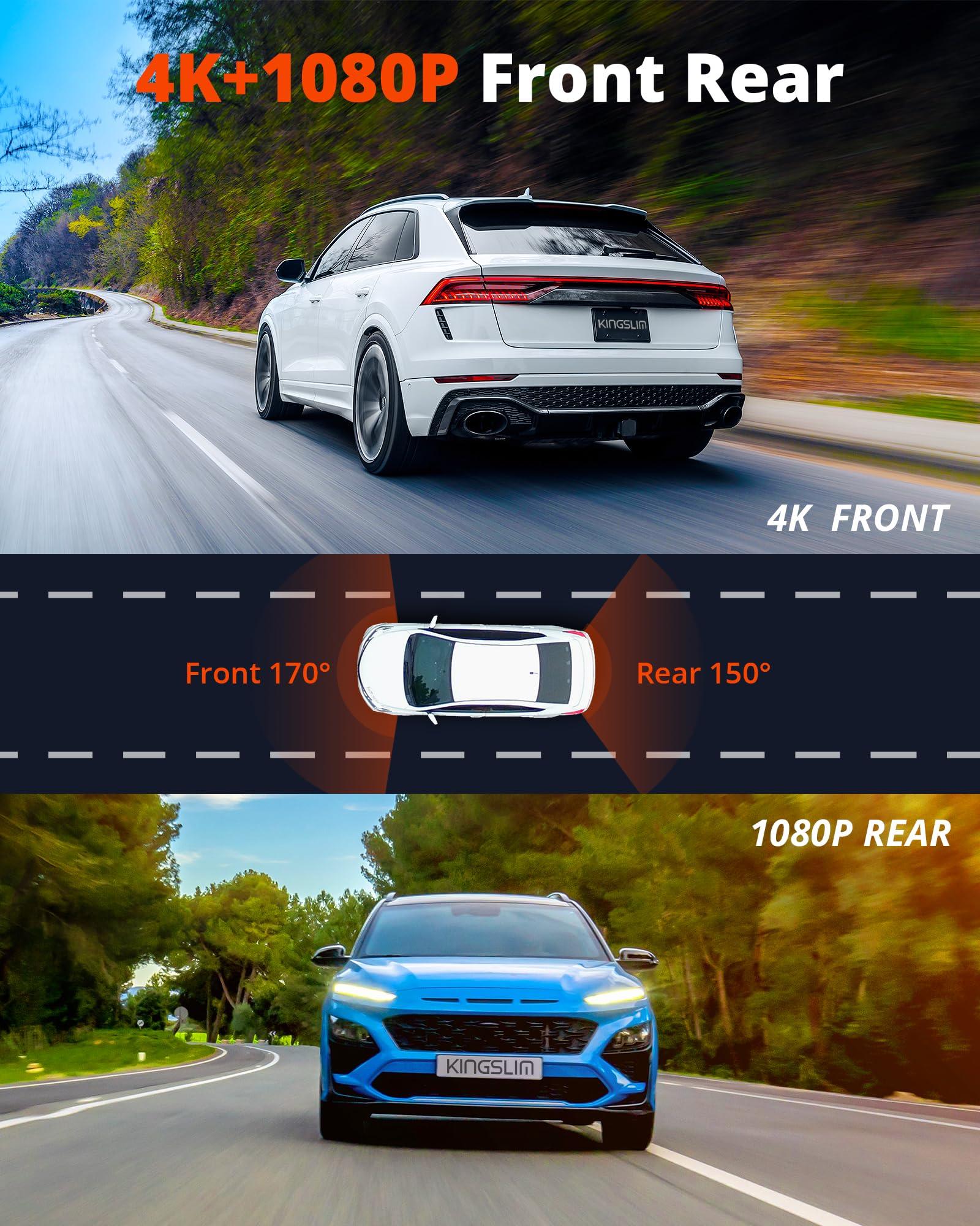 Kingslim Kingslim Dash Cam Front and Rear 4K - D4 Dual Dash Camera for Cars WiFi GPS, Dashcam with 32GB SD Card, 3" Touchscreen, Night Vision, APP, Parking Mode, G-Sensor, Black