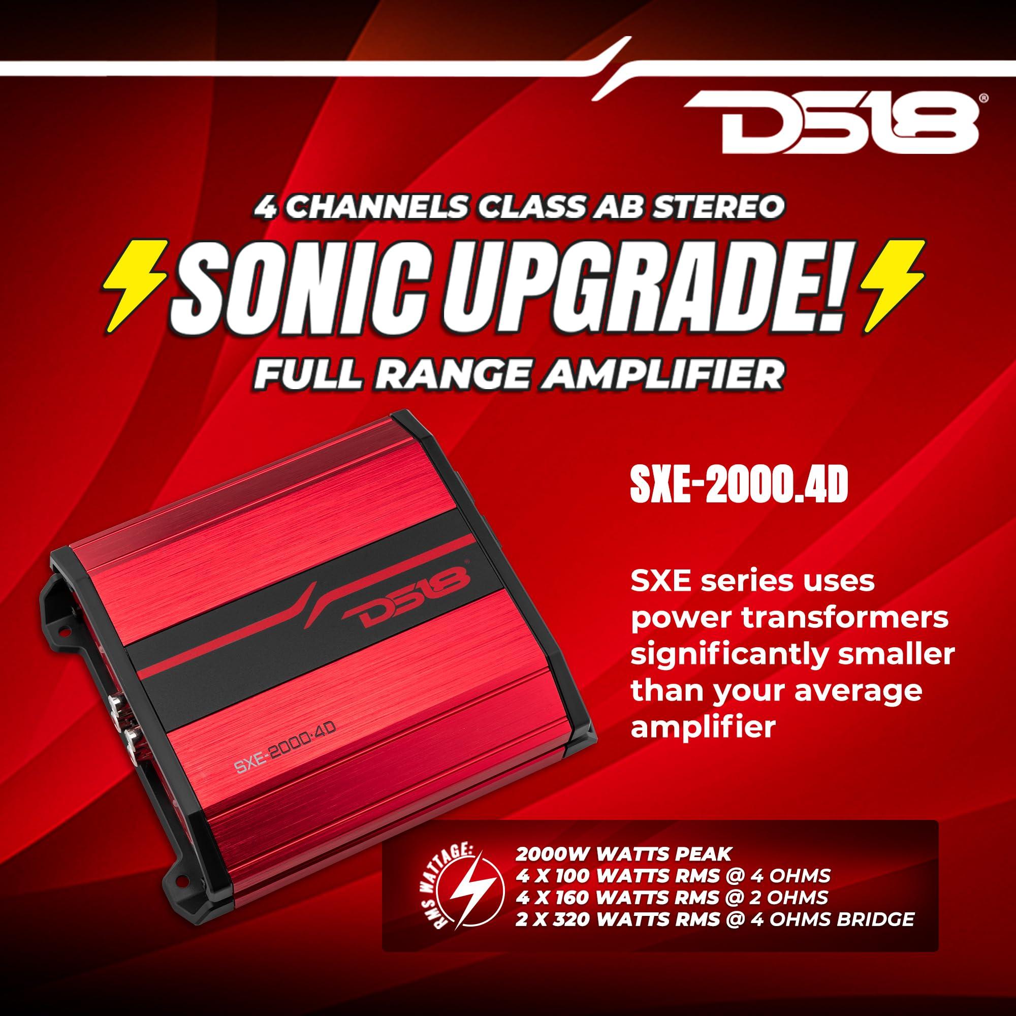 DS18 DS18 SXE-2000.4D/BK 4-Channel Car Amplifier Class D Full Range 4X 150 Watts RMS @ 4-ohm - Powerful and Compact Amp for Speakers in Car Audio System - Bridgeable Amp 4 Channels 2000 Watts Max Power