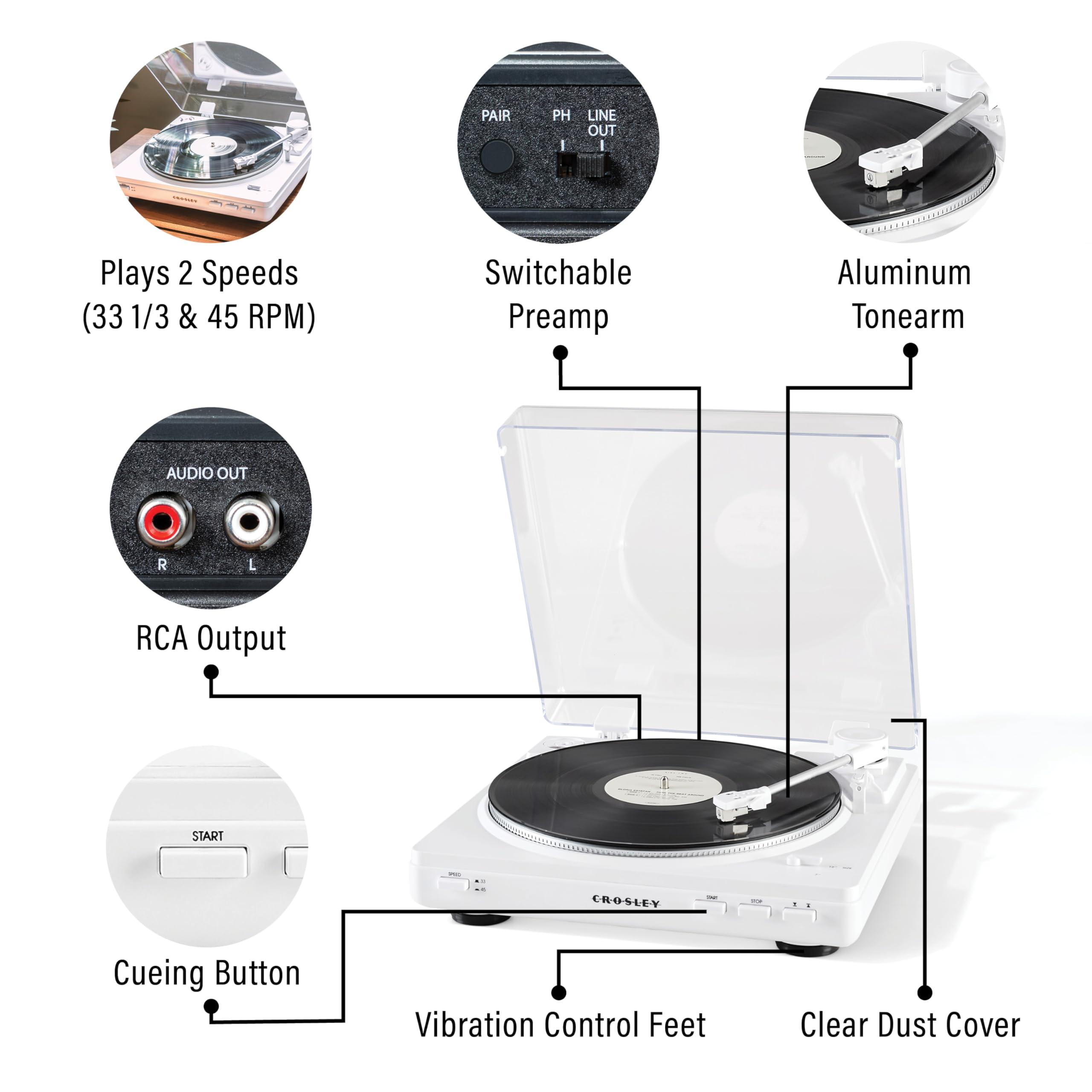 Crosley Crosley T400D-WH Fully Automatic Bluetooth 2-Speed Turntable Record Player with S100A Stereo Speakers, White