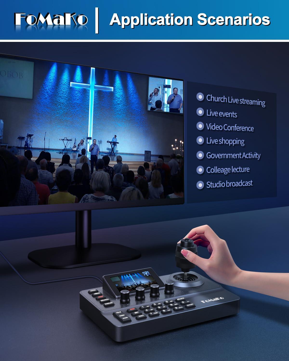 FoMaKo FoMaKo PTZ Controller PoE, 3" LCD Screen Preview, 4D Joystick PTZ Camera Controller, for Church Live Service, Visca PELCO D/P RS232 RS485(No NDI License, but NDI Upgradeable.) KC606 Black