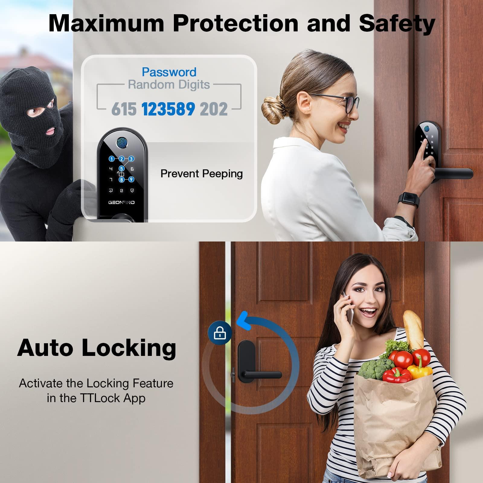 GEONFINO Smart Door Lock 6-in-1 Electronic Door Lock for Front Door Fingerprint Door Lock with Anti-Peeping, Auto-Lock Black Keyless Door Lock Digital Lock with Electric Door Knob, Biometric Handle for Home