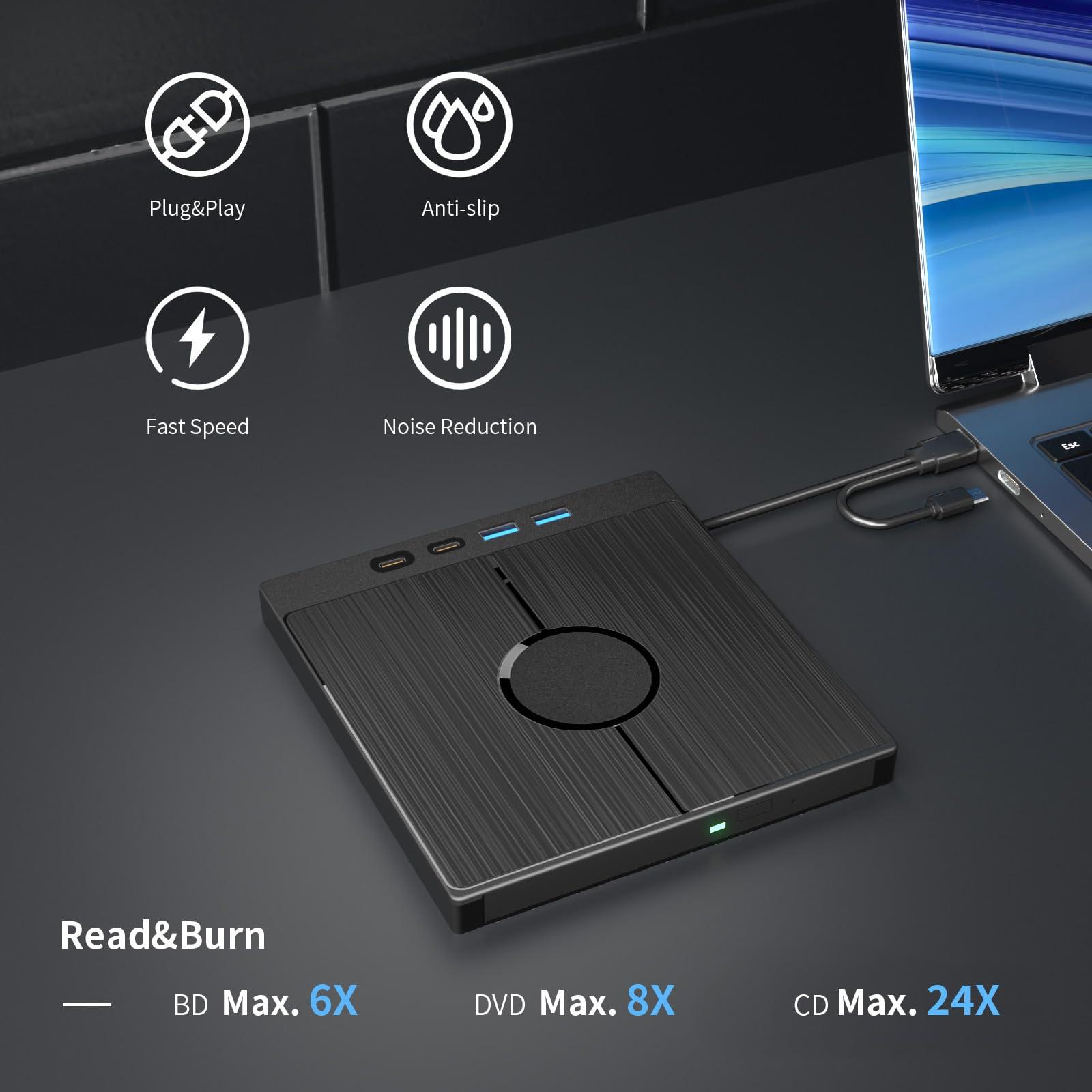 Yaeonku External Blu Ray Drive 7in1, Portable Blueray/DVD Drive for PC with USB 3.0/Type-C/SD/TF Card Ports, Support 100G Disc USB Blu Ray Drive External, Blu Ray Burner for Windows XP/7/8/10/11 Mac Laptop