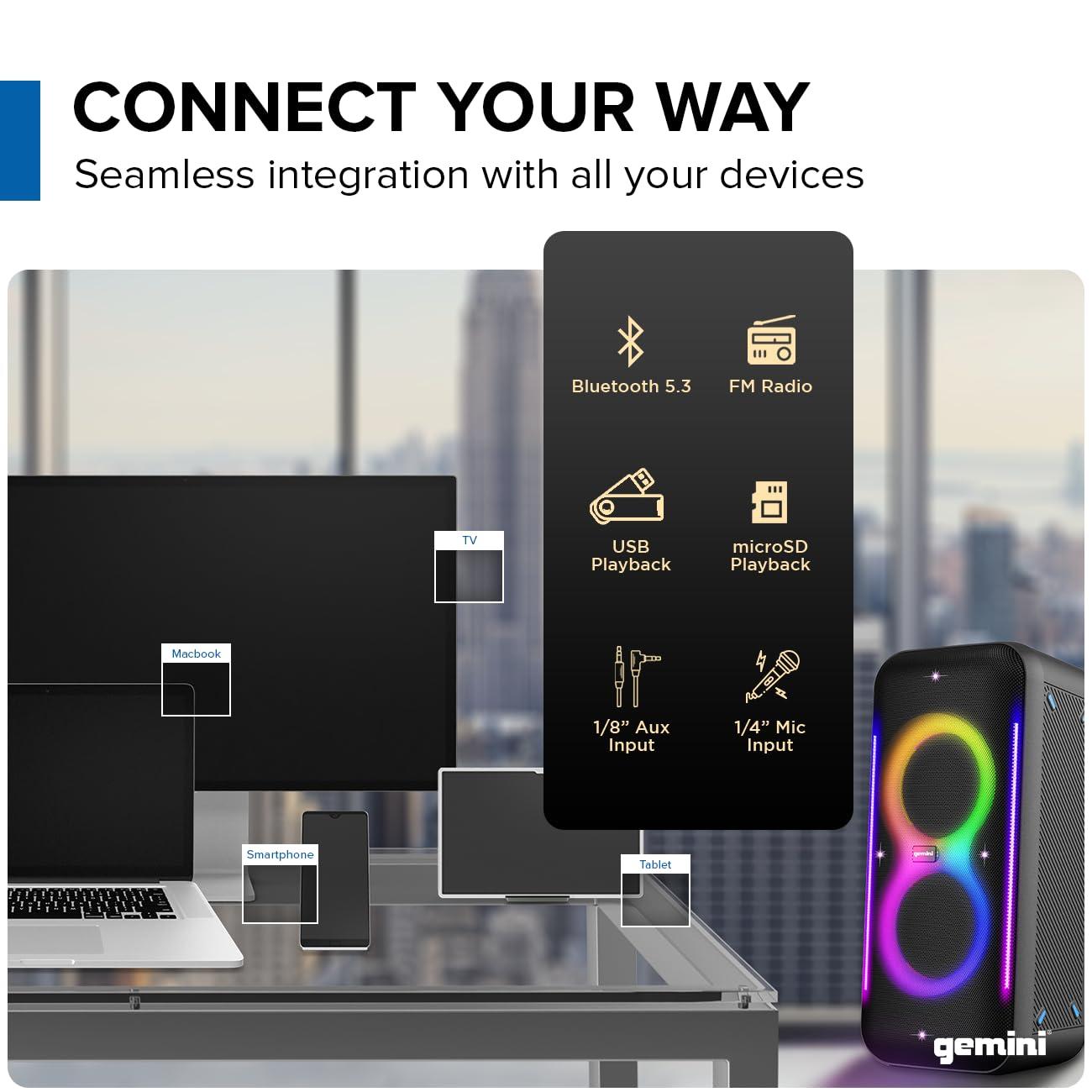 Gemini Sound Gemini UltraRave Duo 400W Bluetooth Party Speaker with Dual 6.5" Woofers, LED Lights, Wireless Mic, and Stereo Pairing for Indoor & Outdoor Events (GRV-2650L)