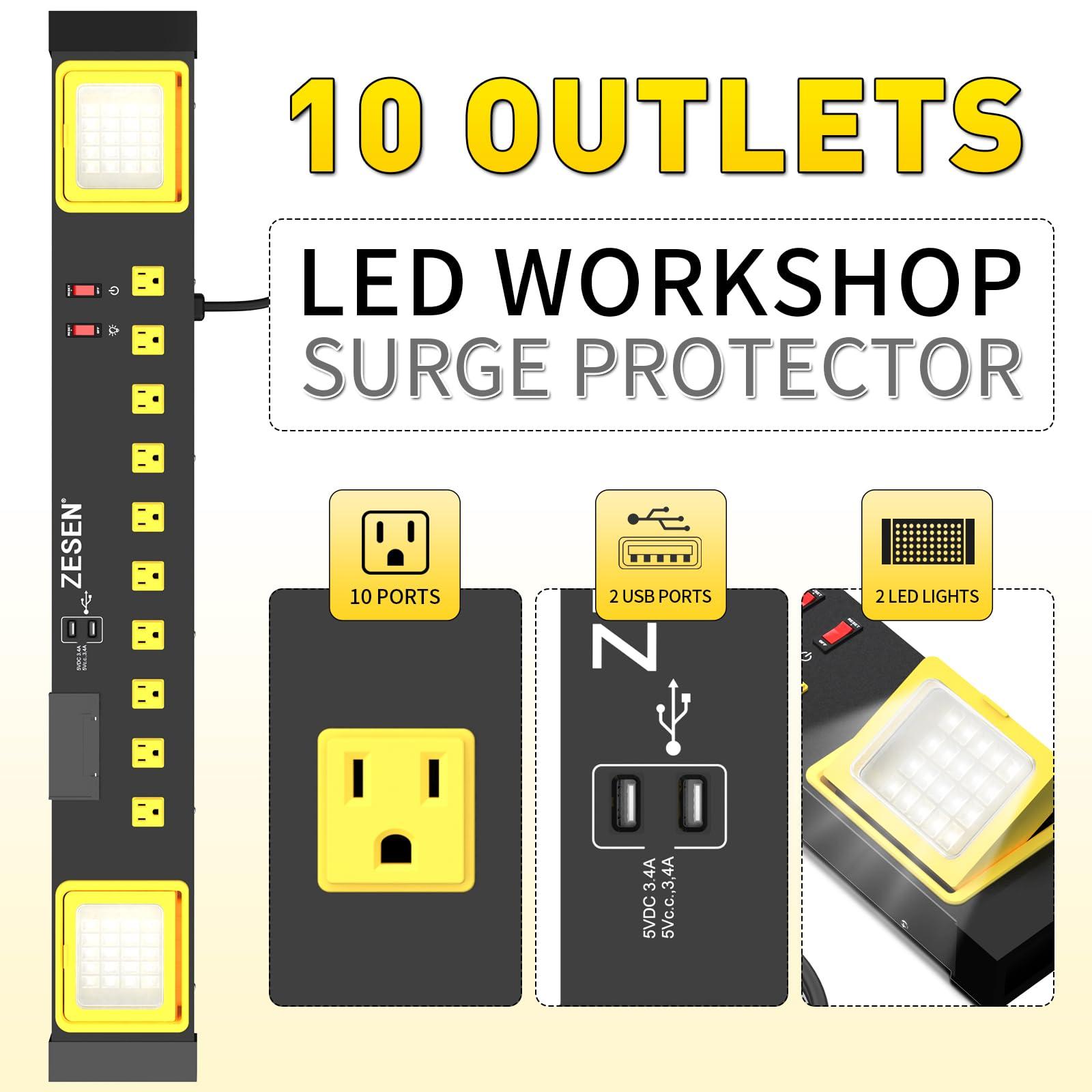 ZESEN ZESEN 10 Outlet Power Strip with LED Worklight, Heavy Duty Metal Power Strip Surge Protector 4ft Cord with 2-Port USB Charge, ETL Listed for Workshop Garage Office Home