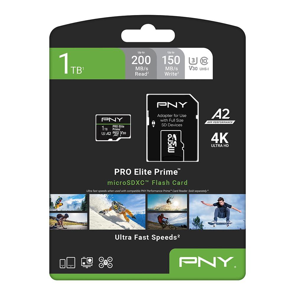 PNY PNY 1TB PRO Elite Prime C10 U3 V30 A2 microSDXC Flash Memory Card Ultra-Fast Speeds, Read 200MB/s, Write 150MB/s, 4K UHD, Full HD, UHS-I, for Smartphones, Drones, Action Cameras