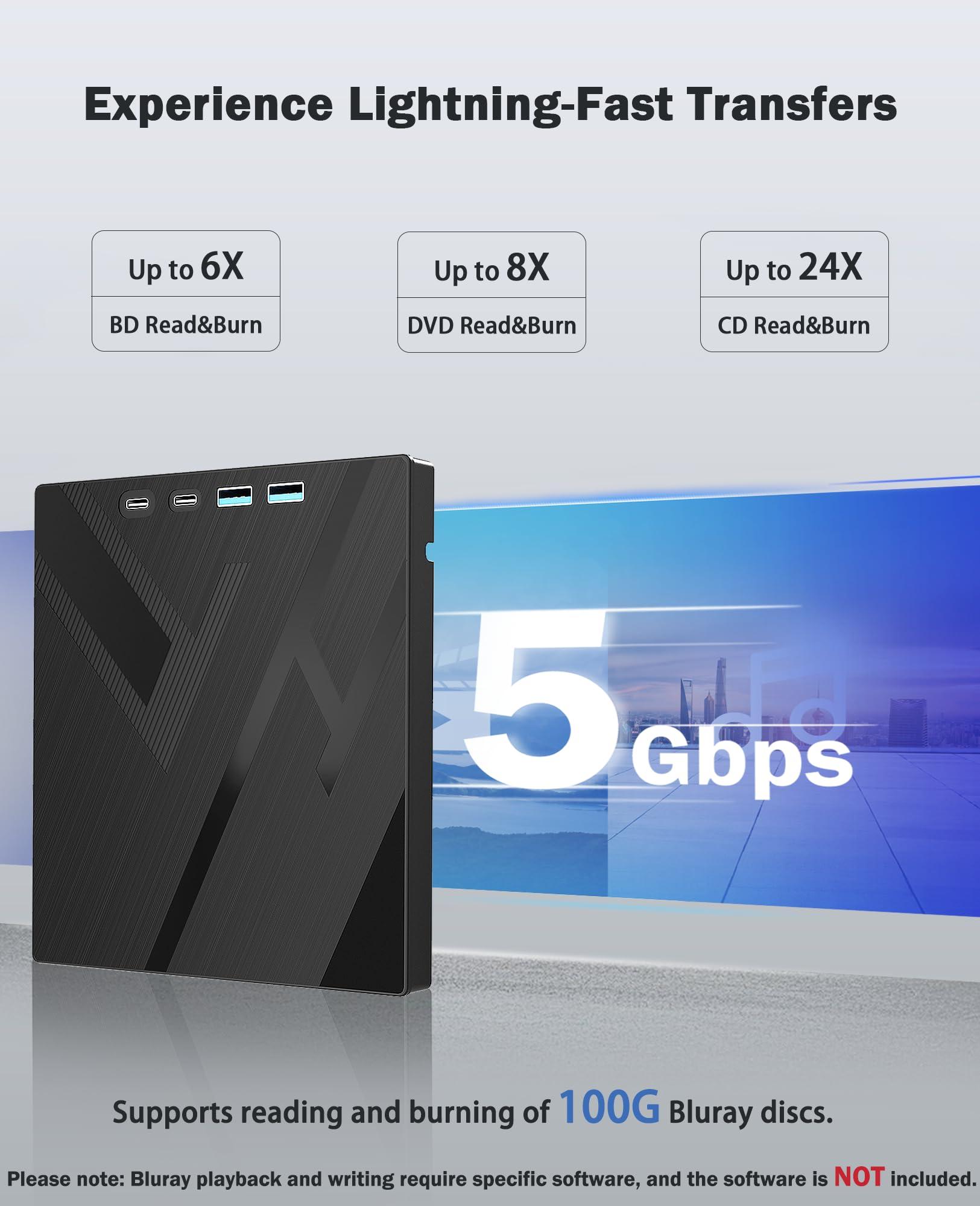 Wbacon 7 in 1 External Blu-ray Drive, USB 3.0 Type-C Optical External Bluray/DVD Drive Burner with SD/TF Port, Support 100G Disc R/W for PC Compatible with Windows XP/7/8/10/11 Mac Laptop Desktop