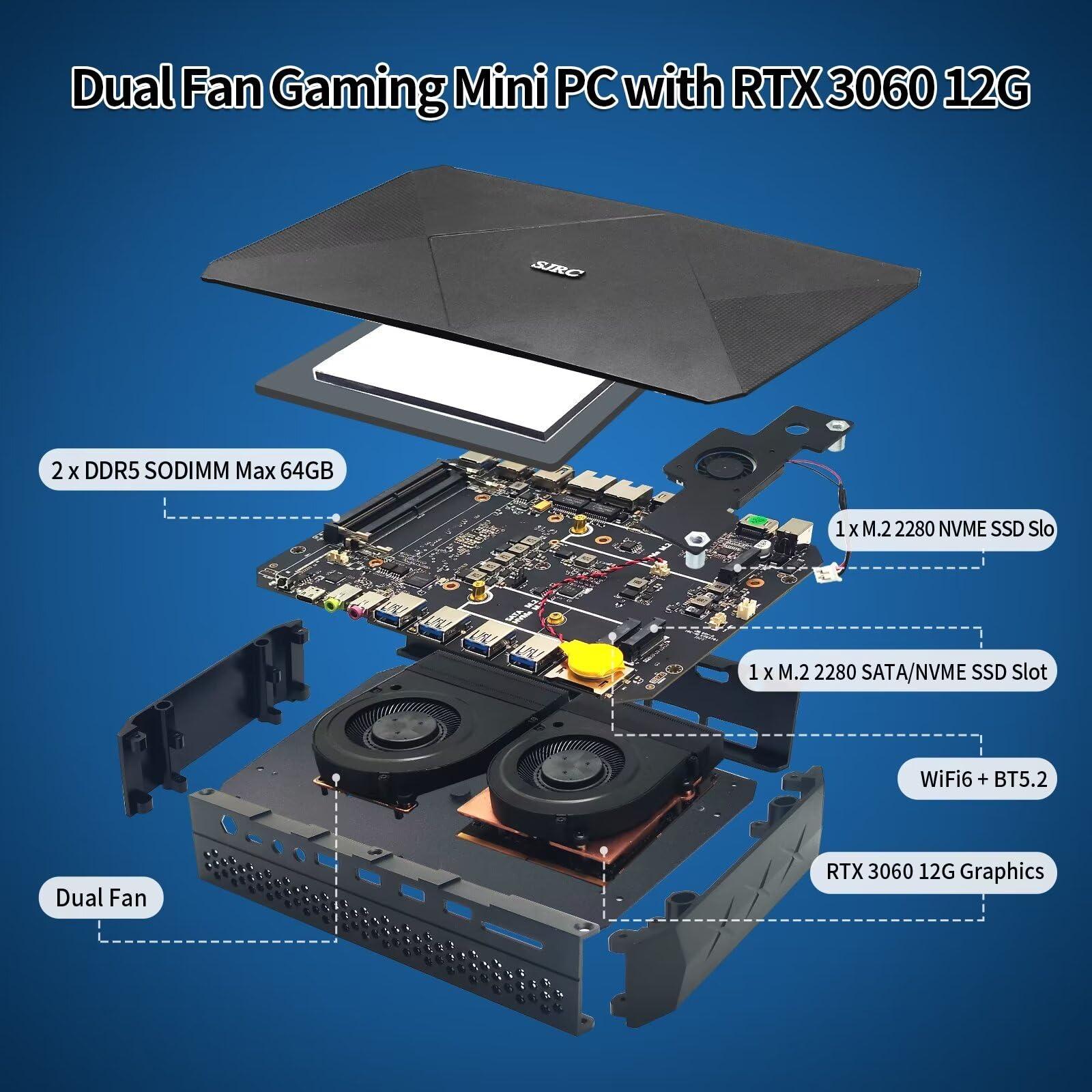 SJRC SJRC Gaming Mini PC Computer RTX 3060 12GB Graphics, Core i9 11900H 8 Cores 16 Threads, DDR5 64GB RAM 2TB SSD Windows 11 Pro Small Office Desktop Dual Fan, 4 Display, i9-11900H-RTX3060