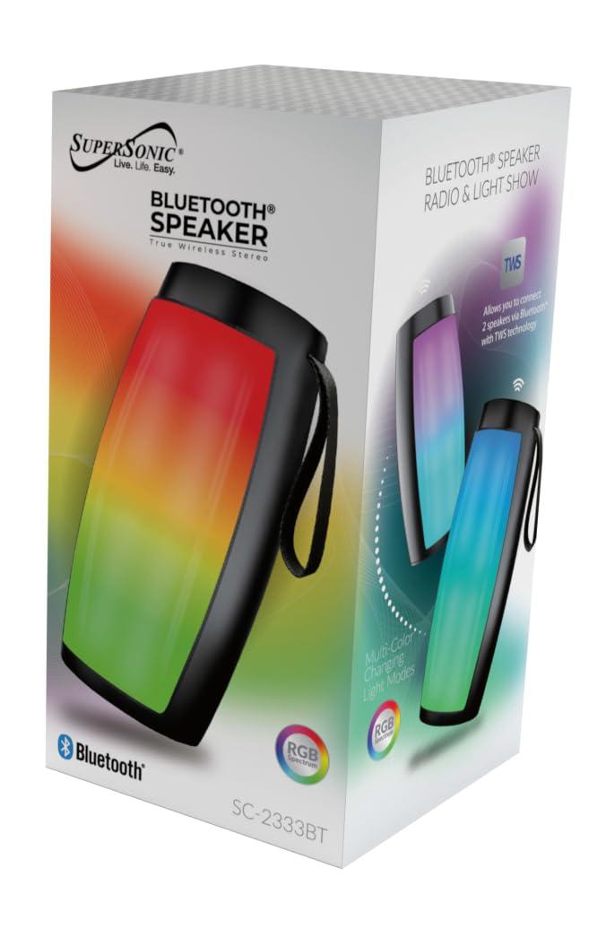 Supersonic Supersonic SC-2333BT Portable Bluetooth Speaker with RGB Light Panel, True Wireless Stereo, Bluetooth 5.0, USB/Micro SD Playback, FM Radio, Rechargeable Battery, 1-2 hrs Playtime