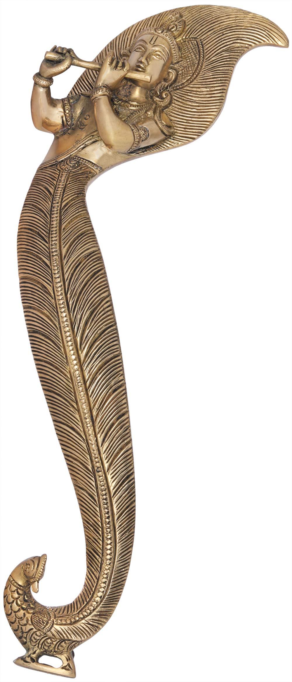Exotic India 12\" Superfine Lord Krishna Door Handle in Brass | Handmade | Made in India - Brass Statue