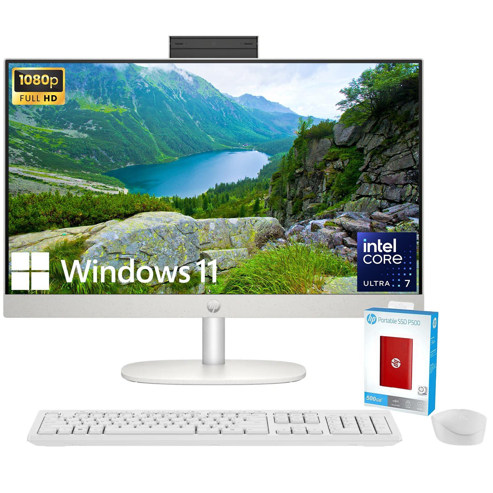 HP HP 27\" All-in-One Desktop Computer, FHD IPS Display, 12-core Intel Core Ultra 7-155U Processor, 64GB DDR5, 2TB SSD, Wi-Fi 6, HDMI, Wireless KB&Mouse, Windows 11 Home, + 500G P500 Portable SSD