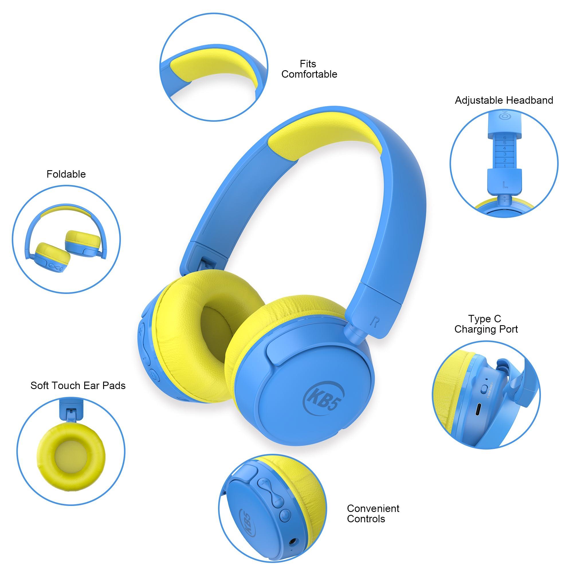 Contixo Contixo KB-5 Kids Headphones - Over The Ear Foldable Bluetooth Wireless Headphone for Kids - 85dB with Volume Limited - Toddler Headphones for Boys and Girls (Blue + Yellow)
