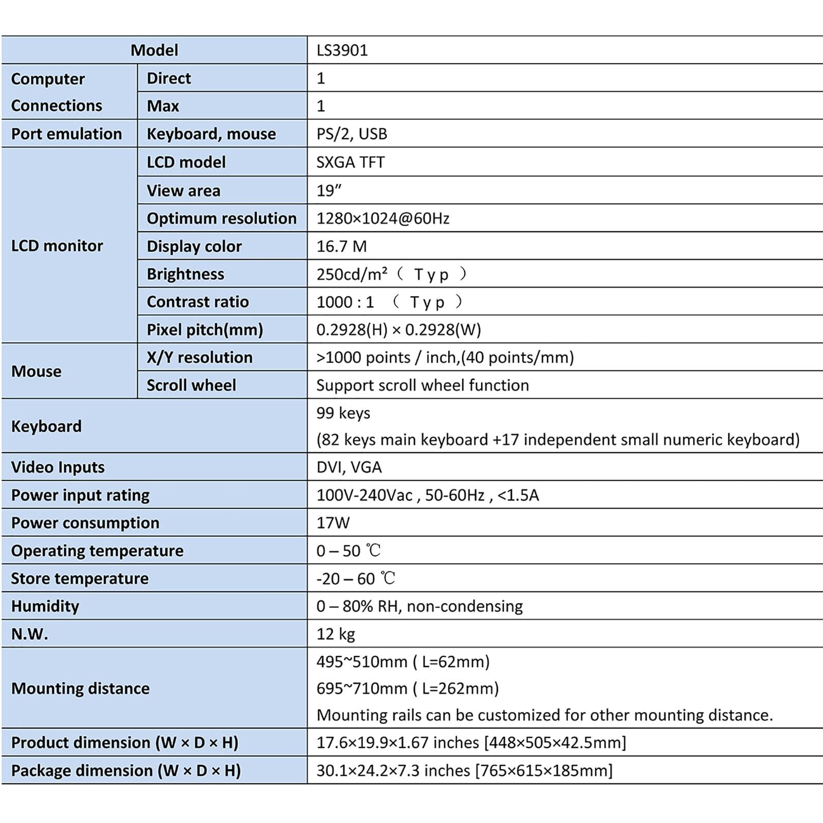 Kinan 19" Rack Mount Monitor and Keyboard, 1U KVM Console, Single Port DVI VGA Rack KVM Switch, 1280X1024 60Hz, 5:4 Ratio, 23.8" Deep, VGA and DVI KVM Cable Included, Compatible with Windows,Linux,Mac,etc