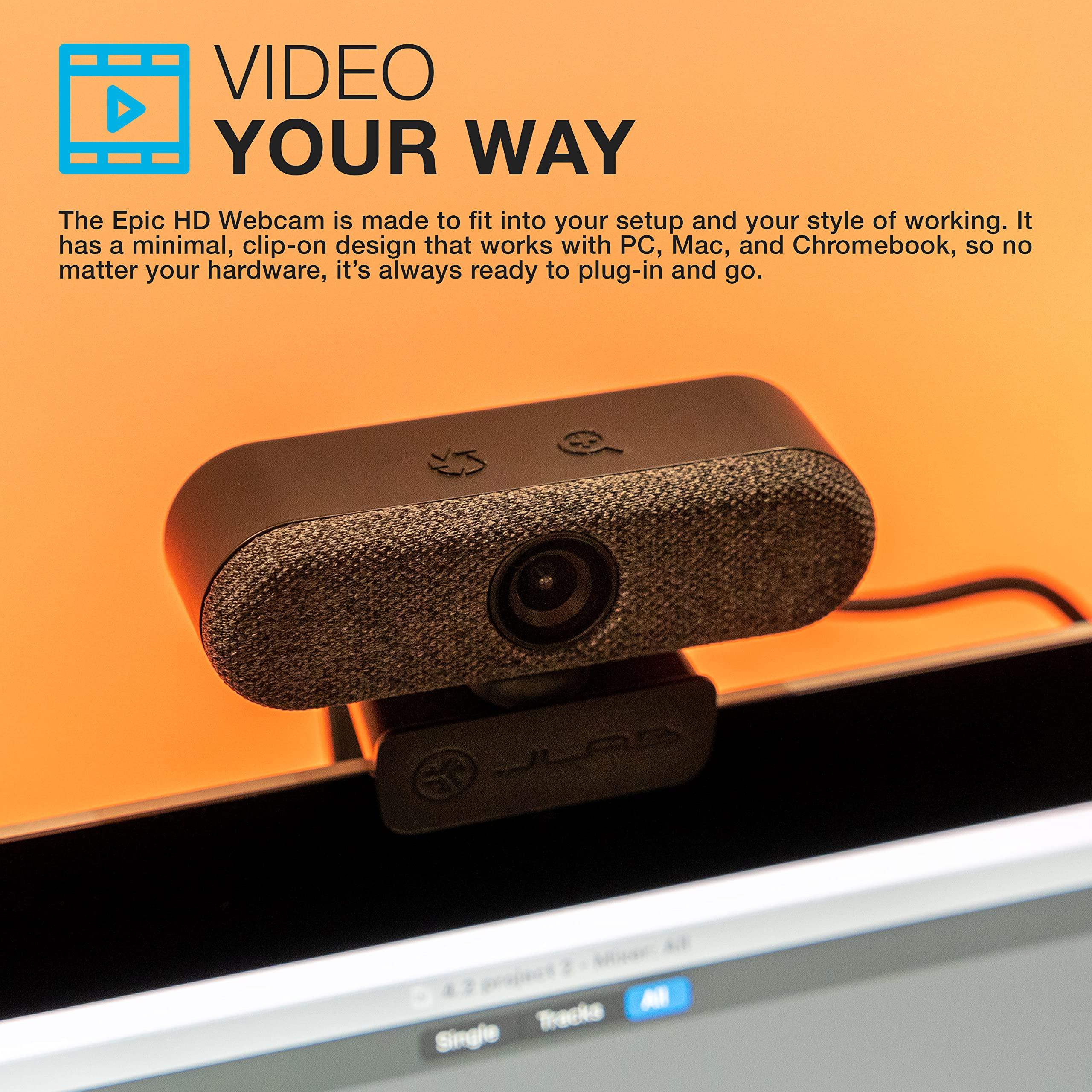 JLab JLab Epic Cam USB HD Webcam, Black with Optional White Face Plate, Full 2k/30 FPS, 5 Megapixels, Auto-Focus, Dual Omni-Directional Microphones, Adjustable Zoom and Exposure Levels