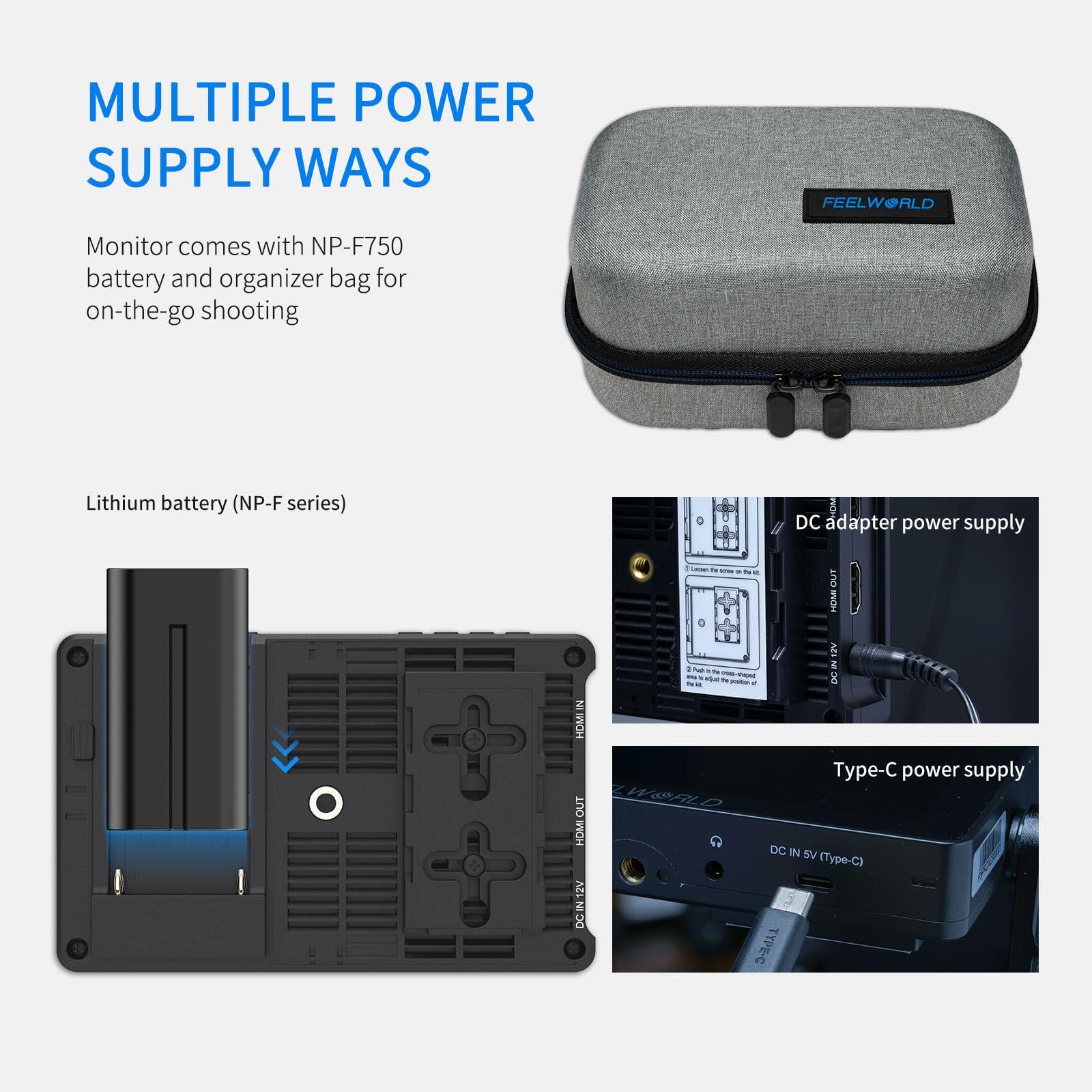 FEELWORLD FEELWORLD Video Camera Monitor 6 Inch Touch Screen DSLR HDMI Field Monitor with F750 Battery 4400mAh + Bag IPS FHD1920x1080 4K HDMI Input Output 5 V Type c Input F5PROV4