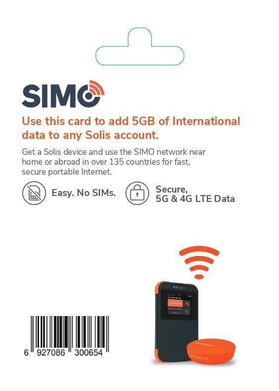 SIMO SIMO Solis 5G WiFi Mobile Hotspot + 5GB Global Data, Local and International Coverage Router, Multi-Carrier Access, No Contract or SIM Card Required, 16 Connected Devices, 1GB/Month Lifetime Data