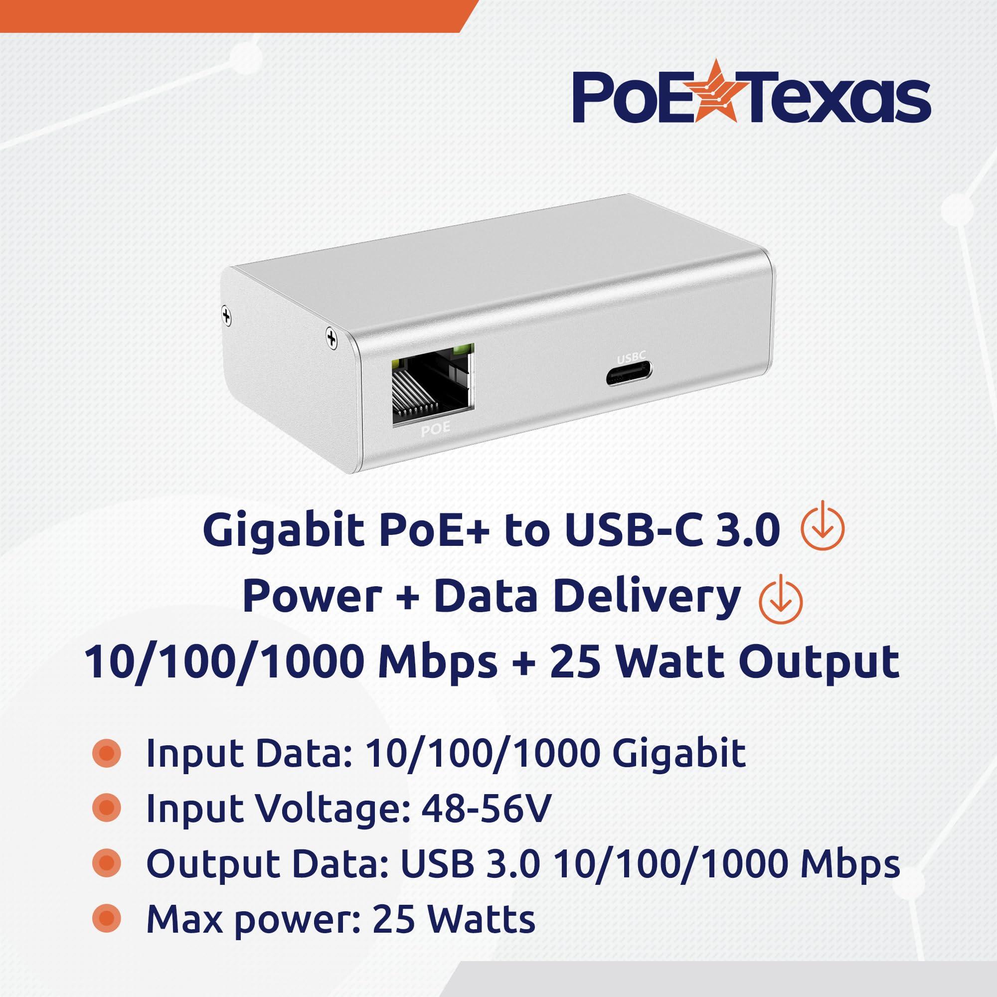 PoE Texas PoE+ to USBC Power Delivery Compatible with Tablet Computers Like iPad Pro Gen 3, Microsoft Surface Go, Google Pixel, and More (USB-C Power Compatible w/iPad Pro) (Gigabit Power + Data 2)